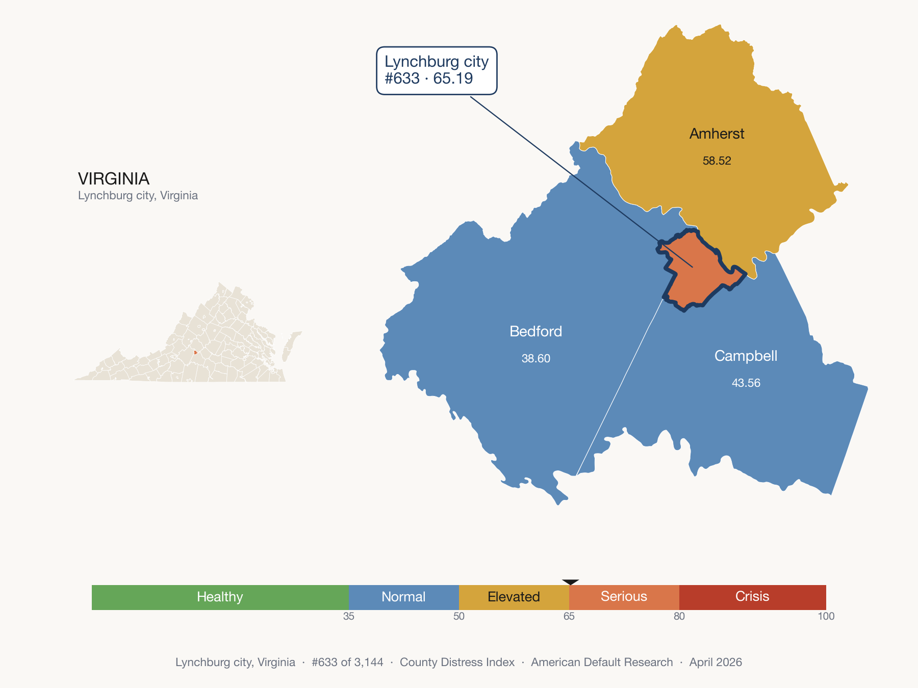 County Distress Index cluster map. Lynchburg city, Virginia and its neighbors colored by distress fifth.