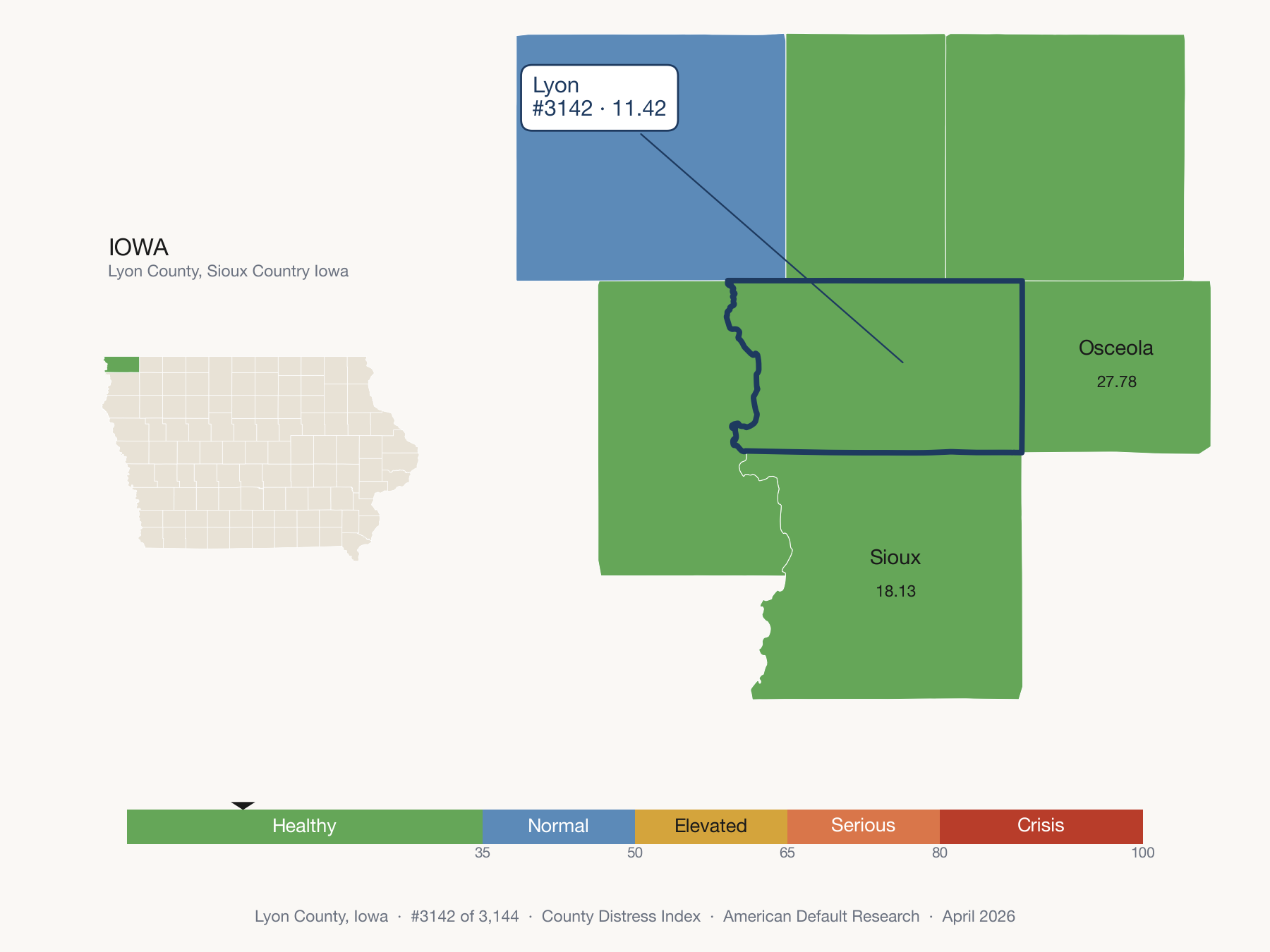 County Distress Index cluster map. Lyon County, Iowa and its neighbors colored by distress fifth.