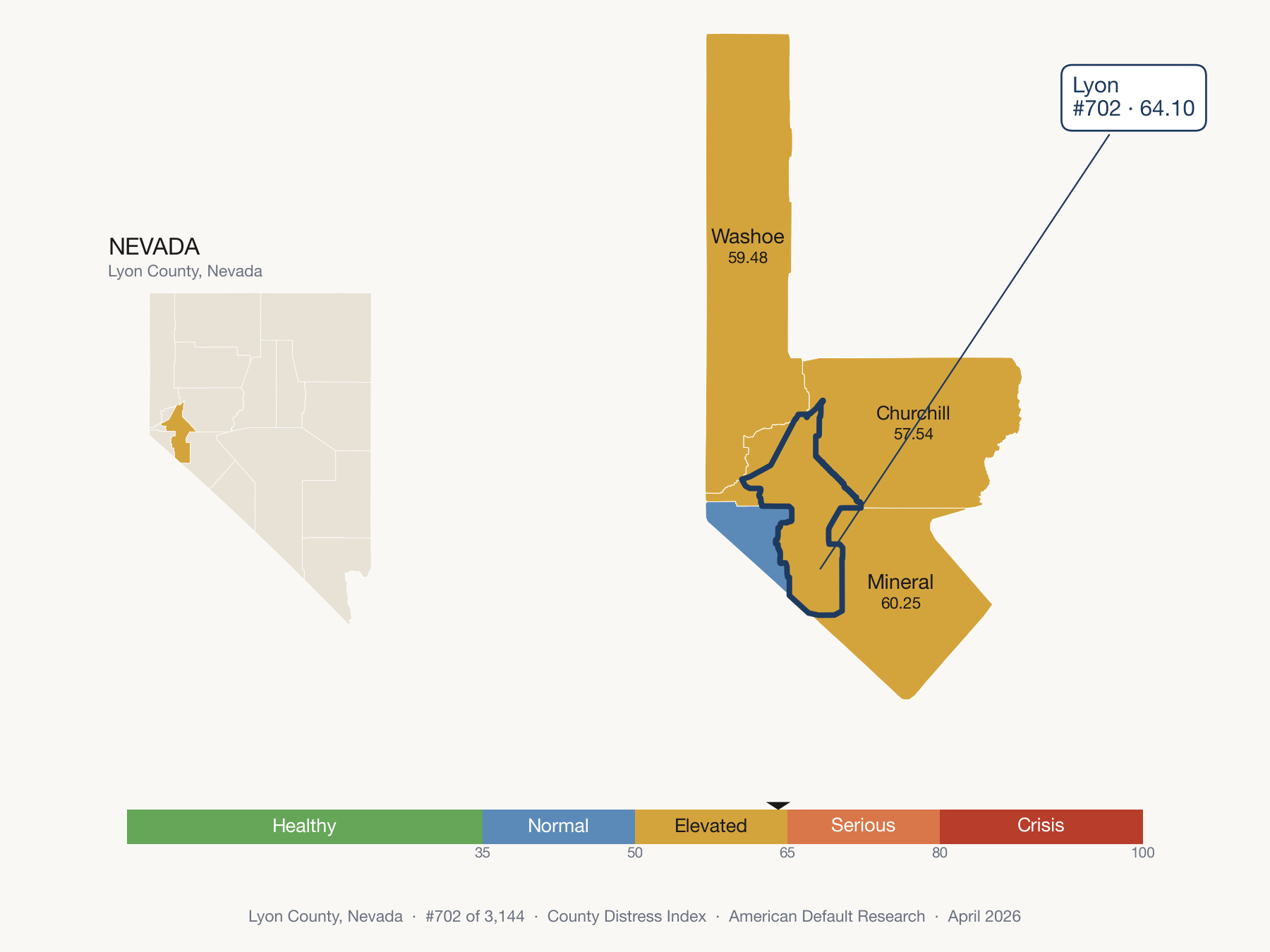 County Distress Index cluster map. Lyon County, Nevada and its neighbors colored by distress fifth.