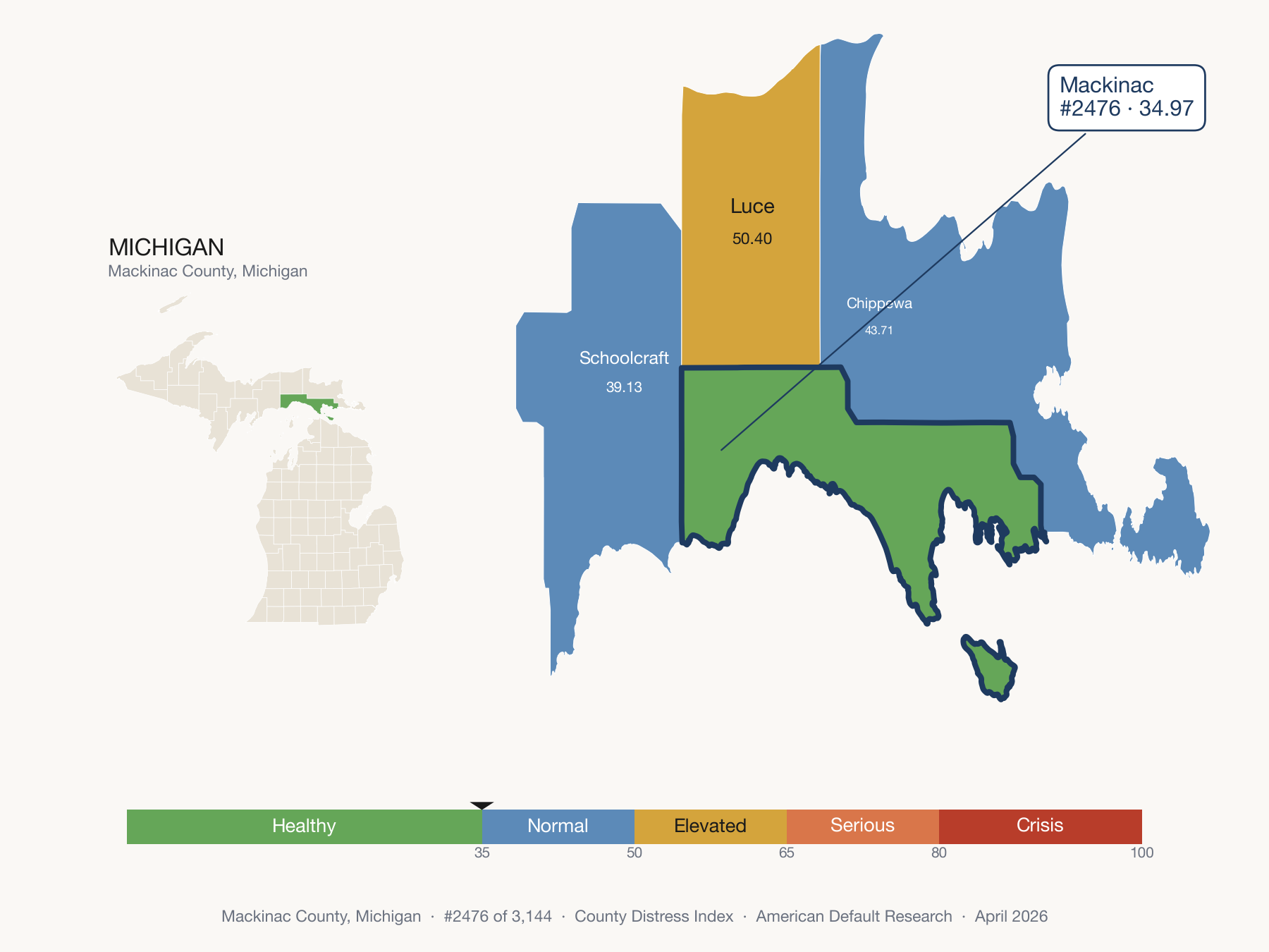 County Distress Index cluster map. Mackinac County, Michigan and its neighbors colored by distress fifth.
