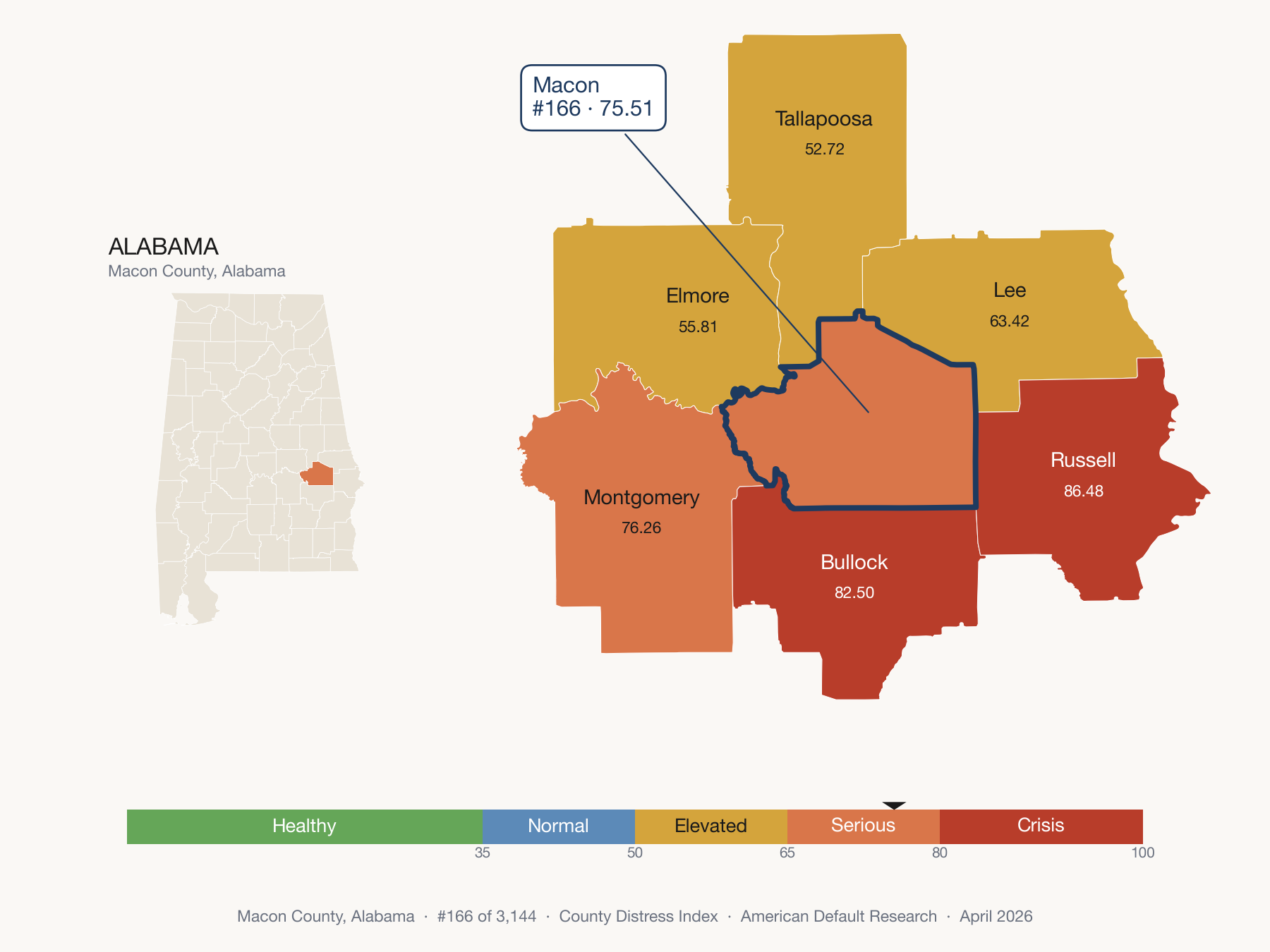 County Distress Index cluster map. Macon County, Alabama and its neighbors colored by distress fifth.