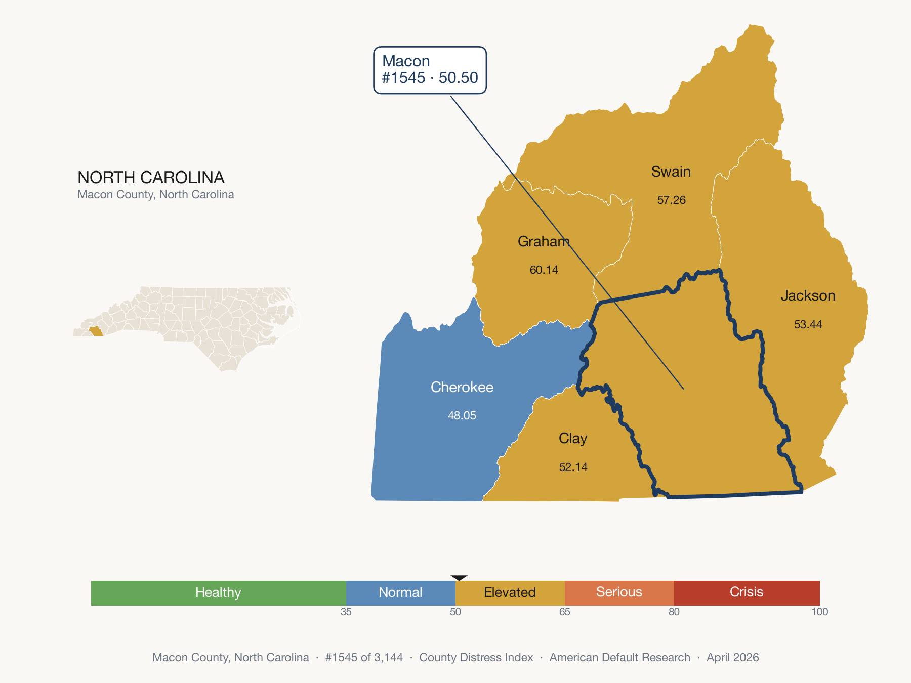 County Distress Index cluster map. Macon County, North Carolina and its neighbors colored by distress fifth.