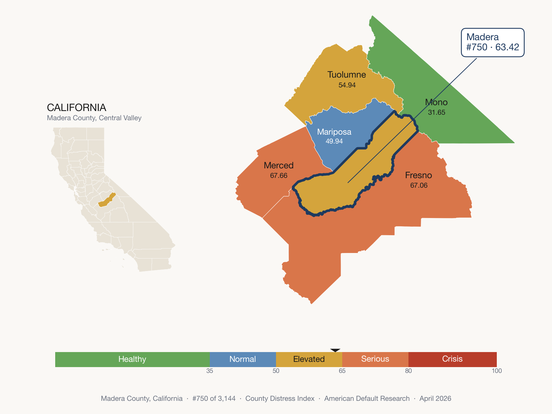 County Distress Index cluster map. Madera County, California and its neighbors colored by distress fifth.