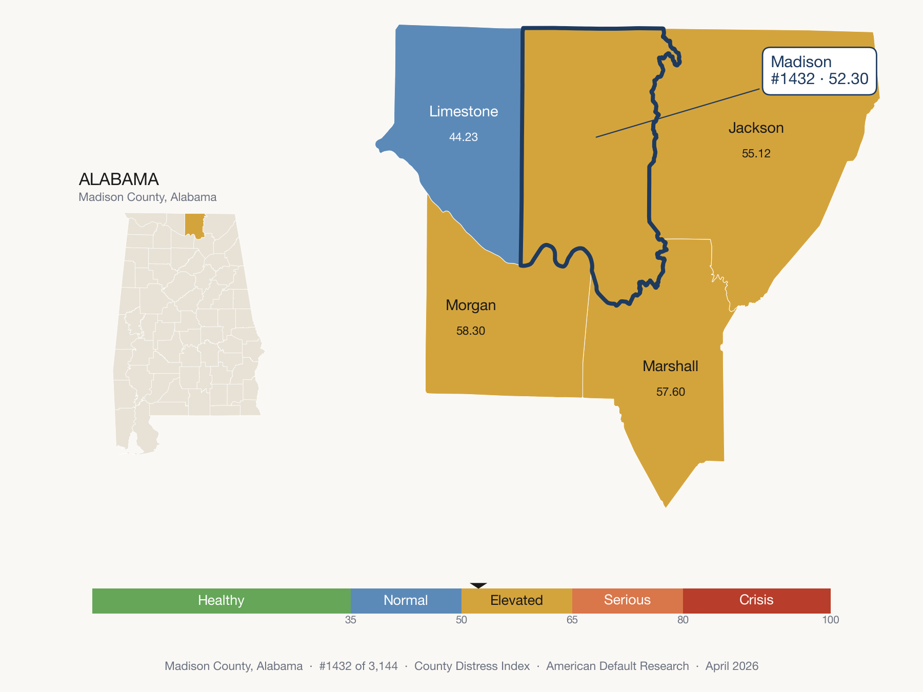 County Distress Index cluster map. Madison County, Alabama and its neighbors colored by distress fifth.