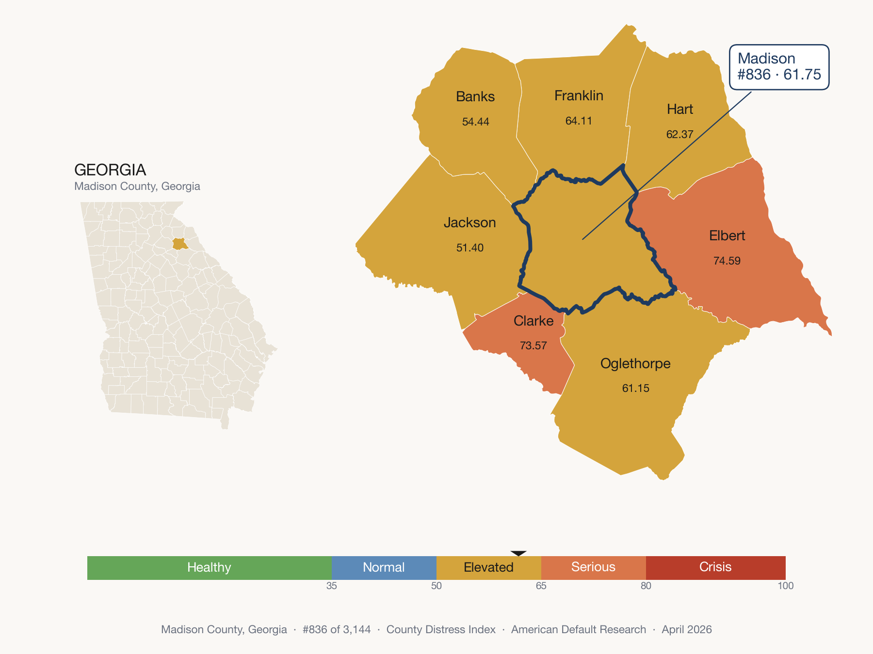 County Distress Index cluster map. Madison County, Georgia and its neighbors colored by distress fifth.