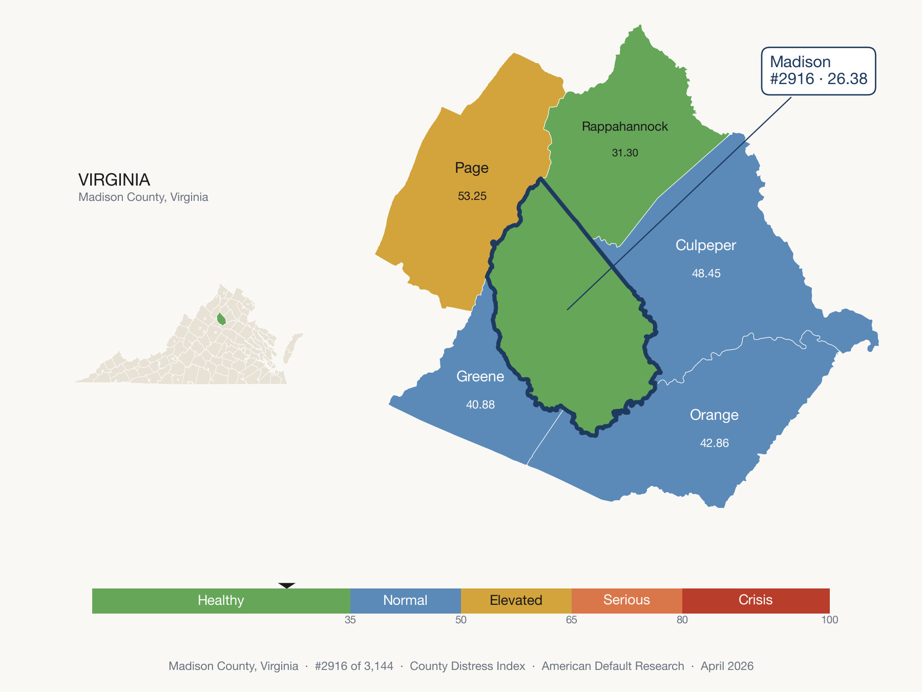 County Distress Index cluster map. Madison County, Virginia and its neighbors colored by distress fifth.