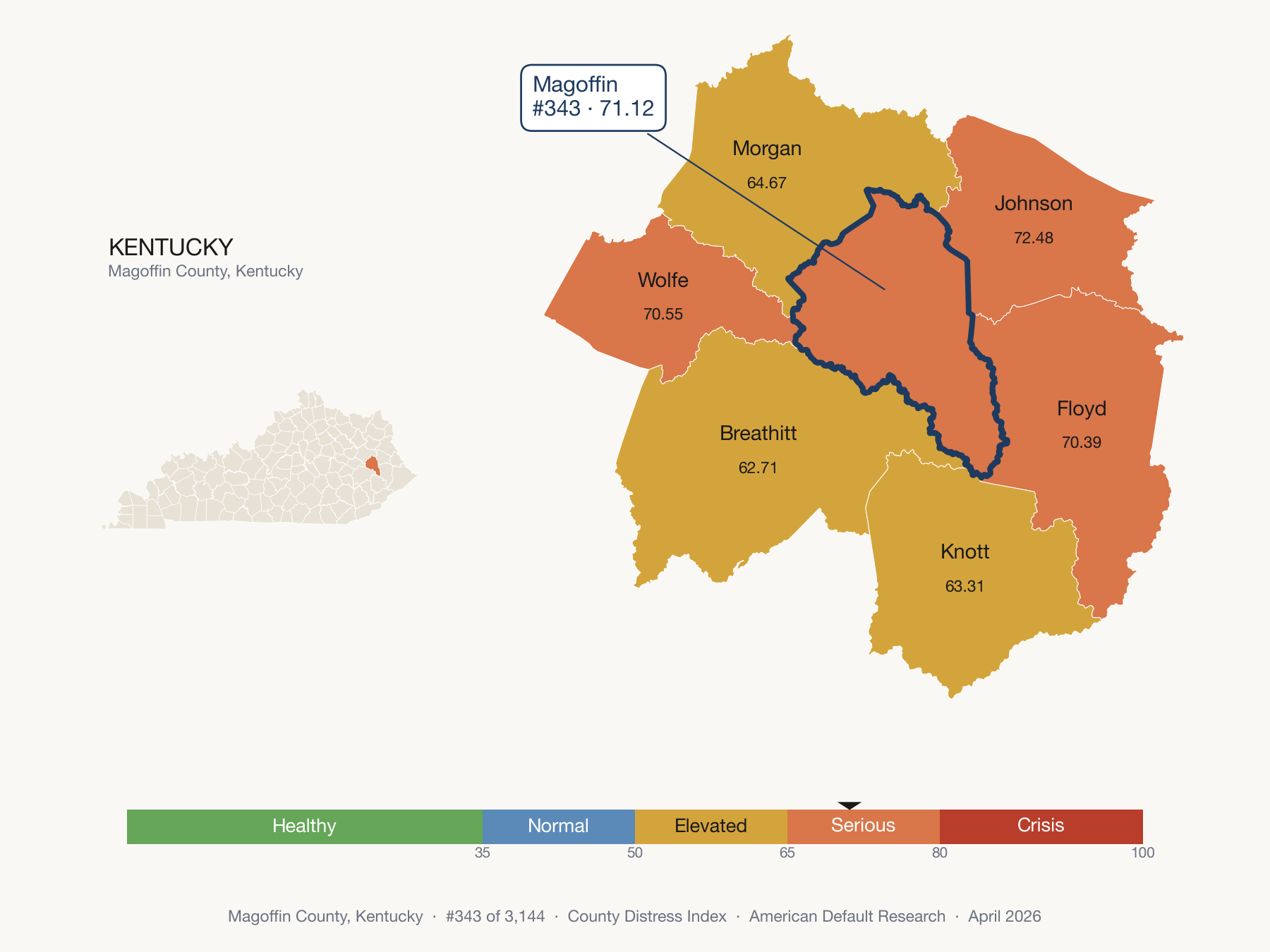County Distress Index cluster map. Magoffin County, Kentucky and its neighbors colored by distress fifth.