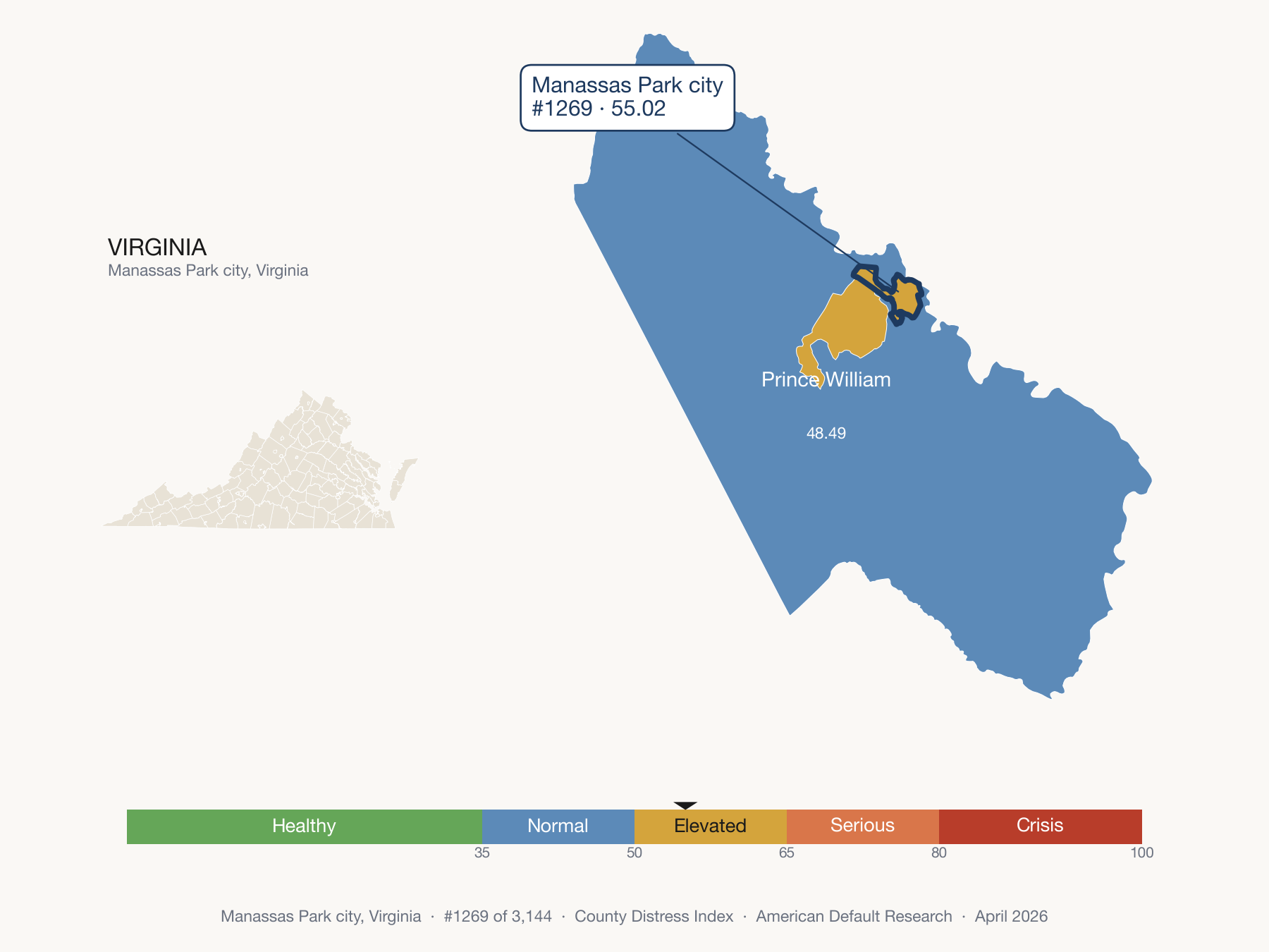 County Distress Index cluster map. Manassas Park city, Virginia and its neighbors colored by distress fifth.