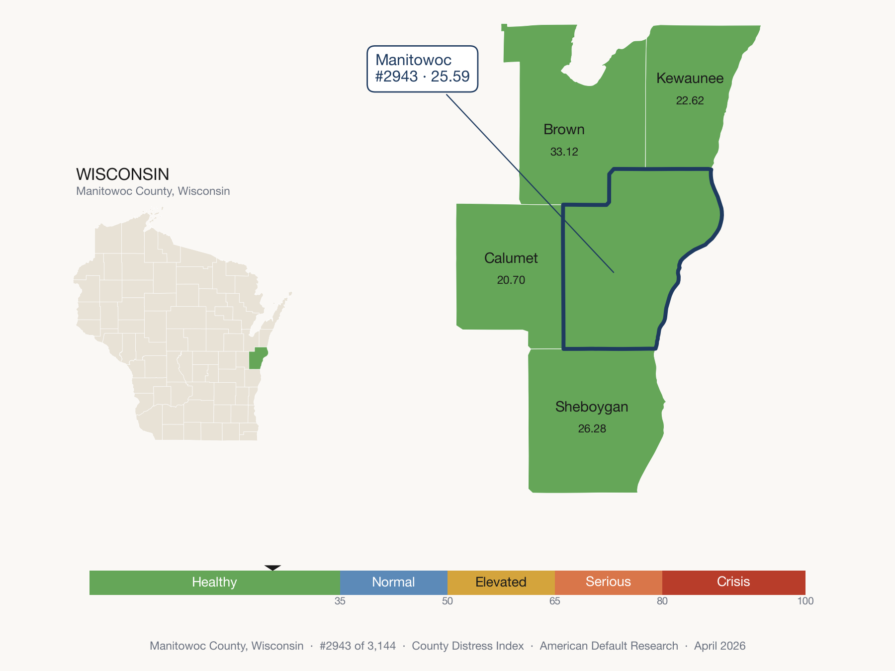 County Distress Index cluster map. Manitowoc County, Wisconsin and its neighbors colored by distress fifth.