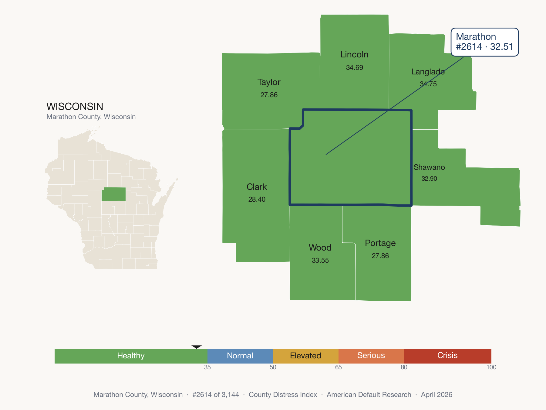 County Distress Index cluster map. Marathon County, Wisconsin and its neighbors colored by distress fifth.
