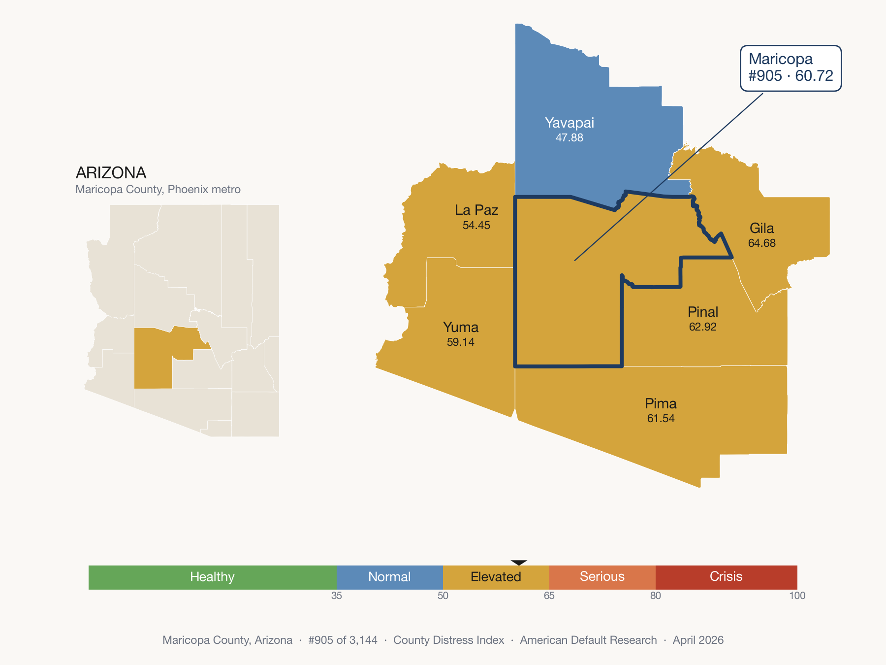 County Distress Index cluster map. Maricopa County, Arizona and its neighbors colored by distress fifth.