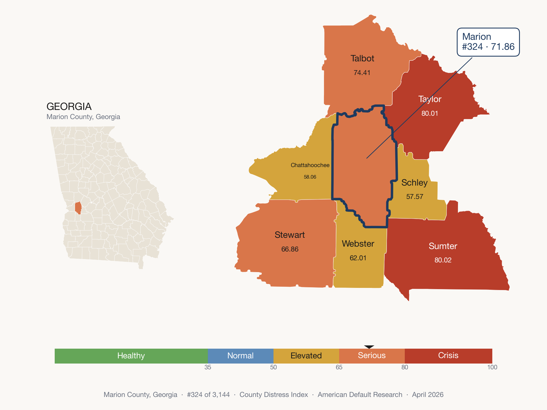 County Distress Index cluster map. Marion County, Georgia and its neighbors colored by distress fifth.