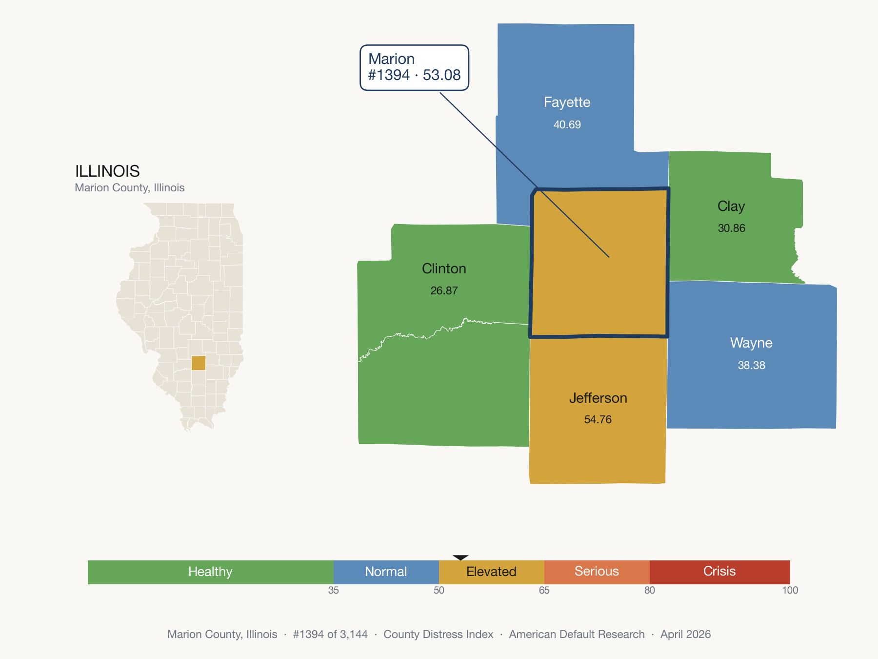 County Distress Index cluster map. Marion County, Illinois and its neighbors colored by distress fifth.