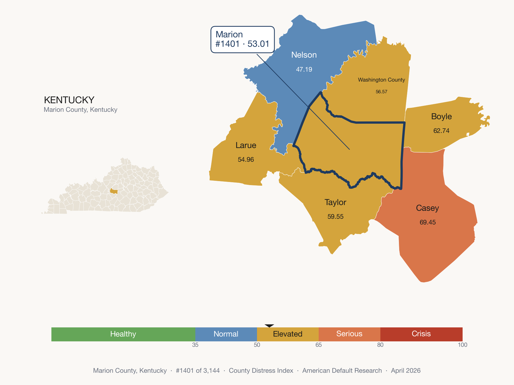 County Distress Index cluster map. Marion County, Kentucky and its neighbors colored by distress fifth.