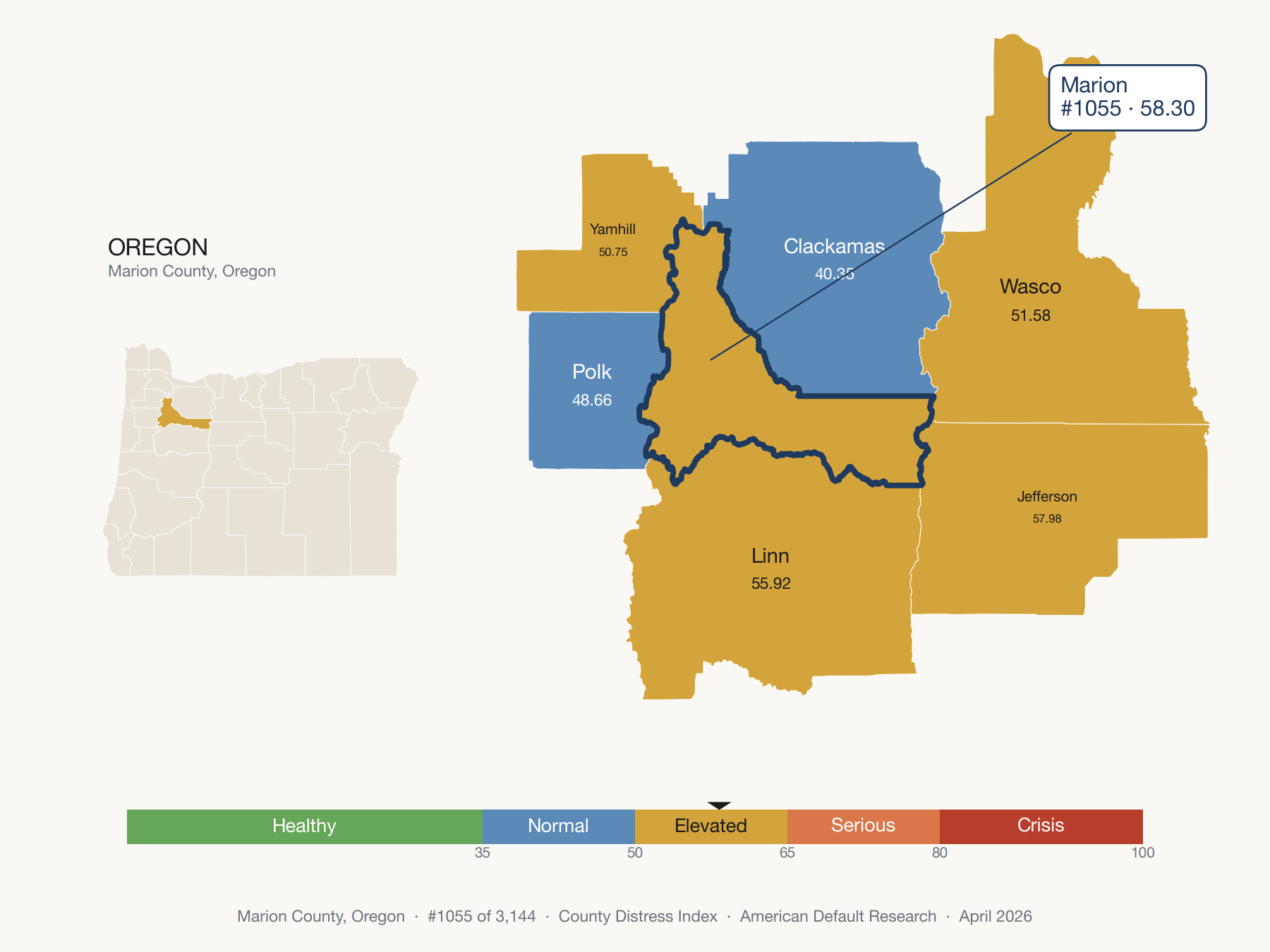 County Distress Index cluster map. Marion County, Oregon and its neighbors colored by distress fifth.