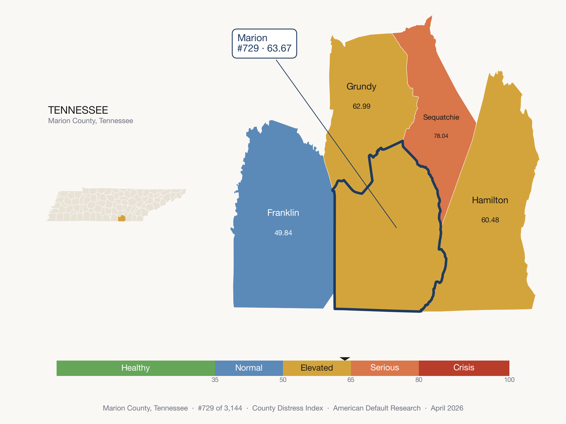 County Distress Index cluster map. Marion County, Tennessee and its neighbors colored by distress fifth.