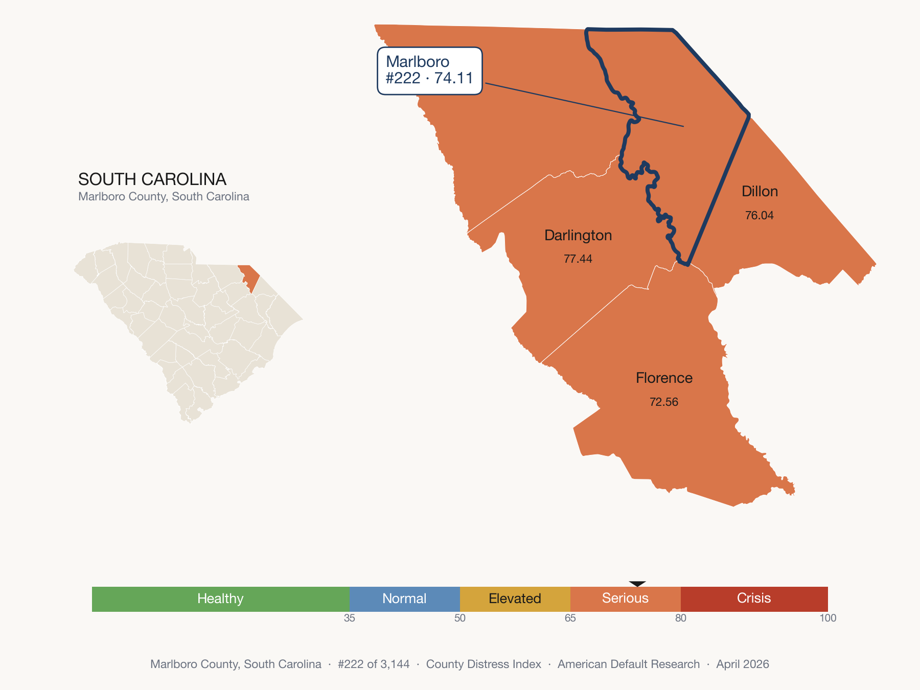 County Distress Index cluster map. Marlboro County, South Carolina and its neighbors colored by distress fifth.