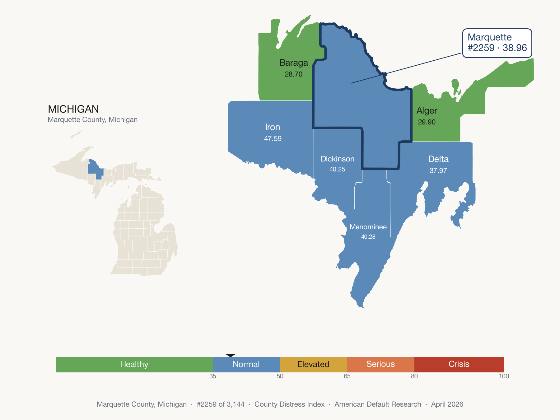 County Distress Index cluster map. Marquette County, Michigan and its neighbors colored by distress fifth.
