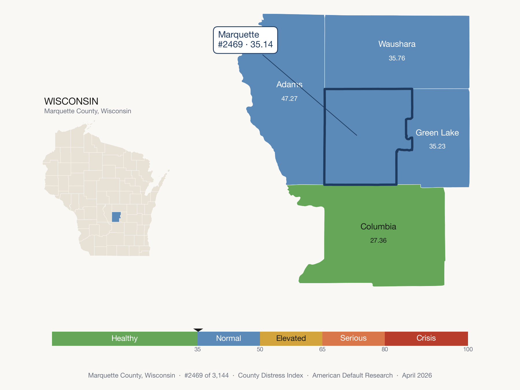 County Distress Index cluster map. Marquette County, Wisconsin and its neighbors colored by distress fifth.