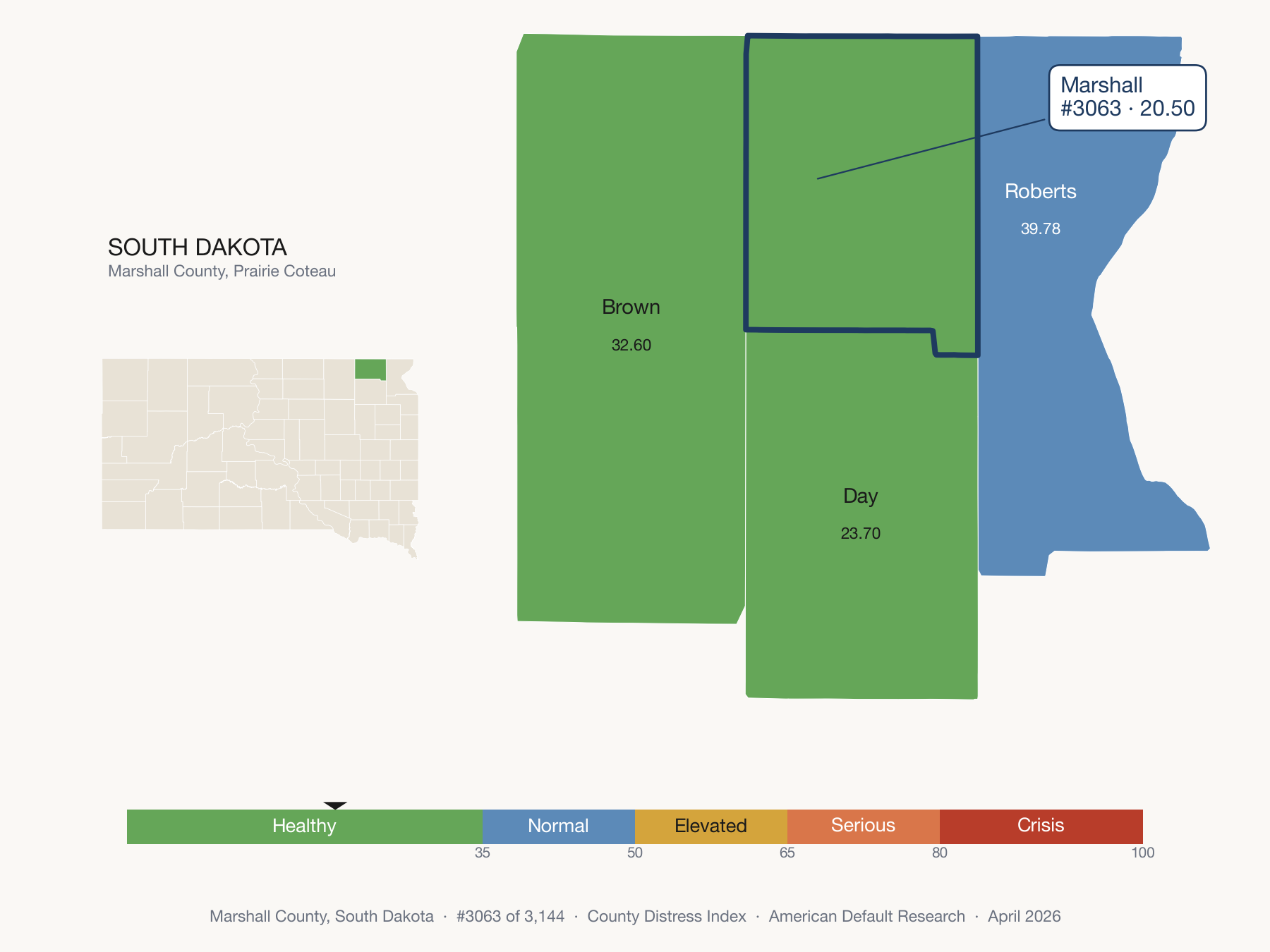 County Distress Index cluster map. Marshall County, South Dakota and its neighbors colored by distress fifth.