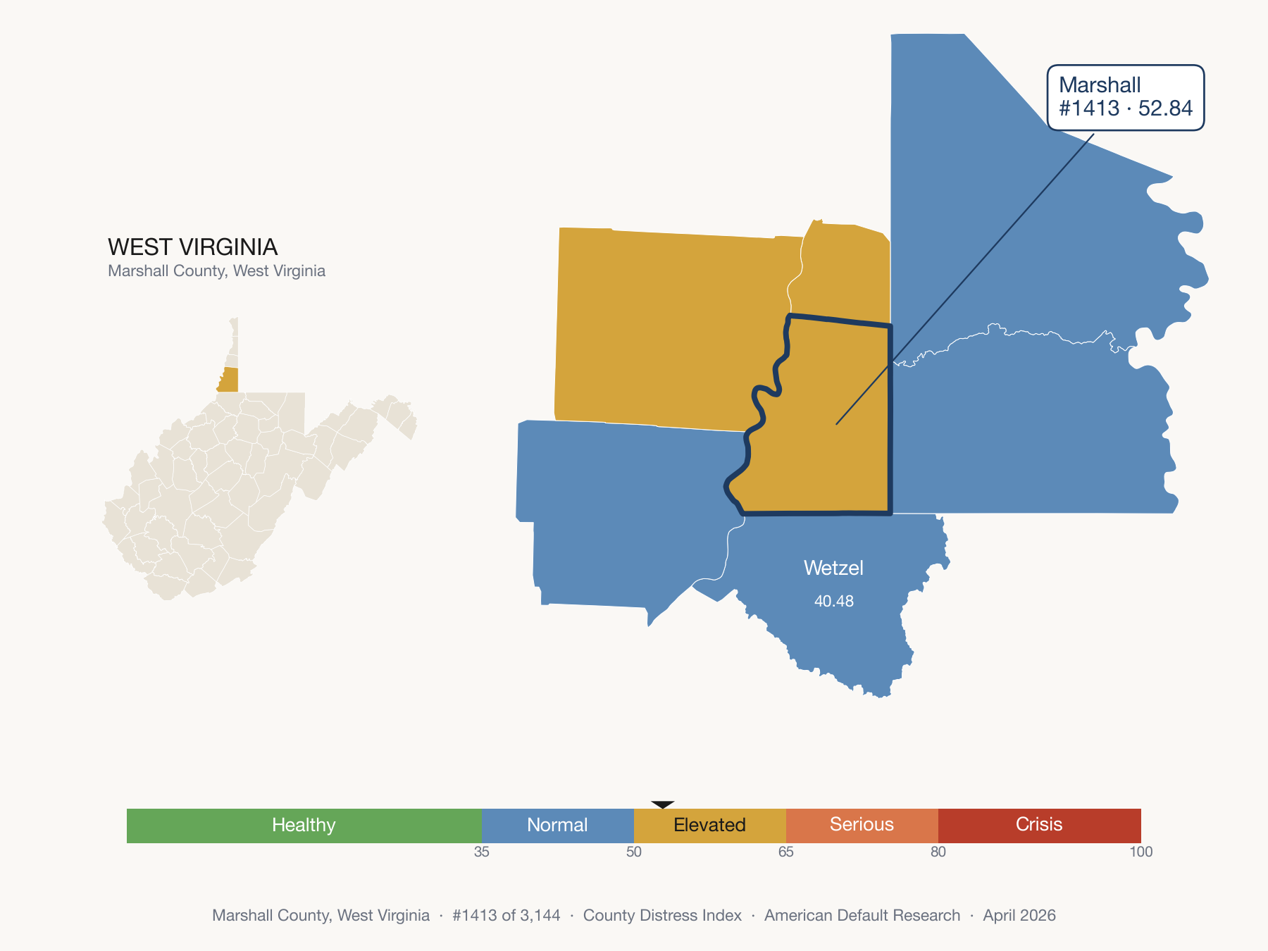 County Distress Index cluster map. Marshall County, West Virginia and its neighbors colored by distress fifth.