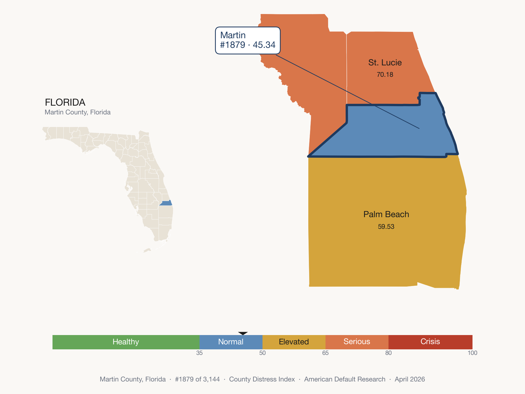 County Distress Index cluster map. Martin County, Florida and its neighbors colored by distress fifth.