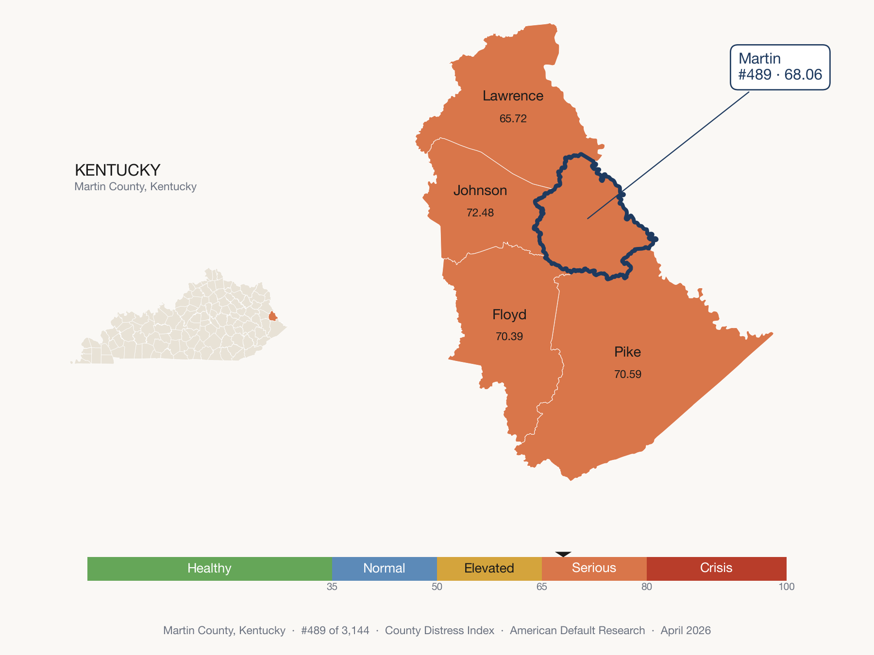 County Distress Index cluster map. Martin County, Kentucky and its neighbors colored by distress fifth.