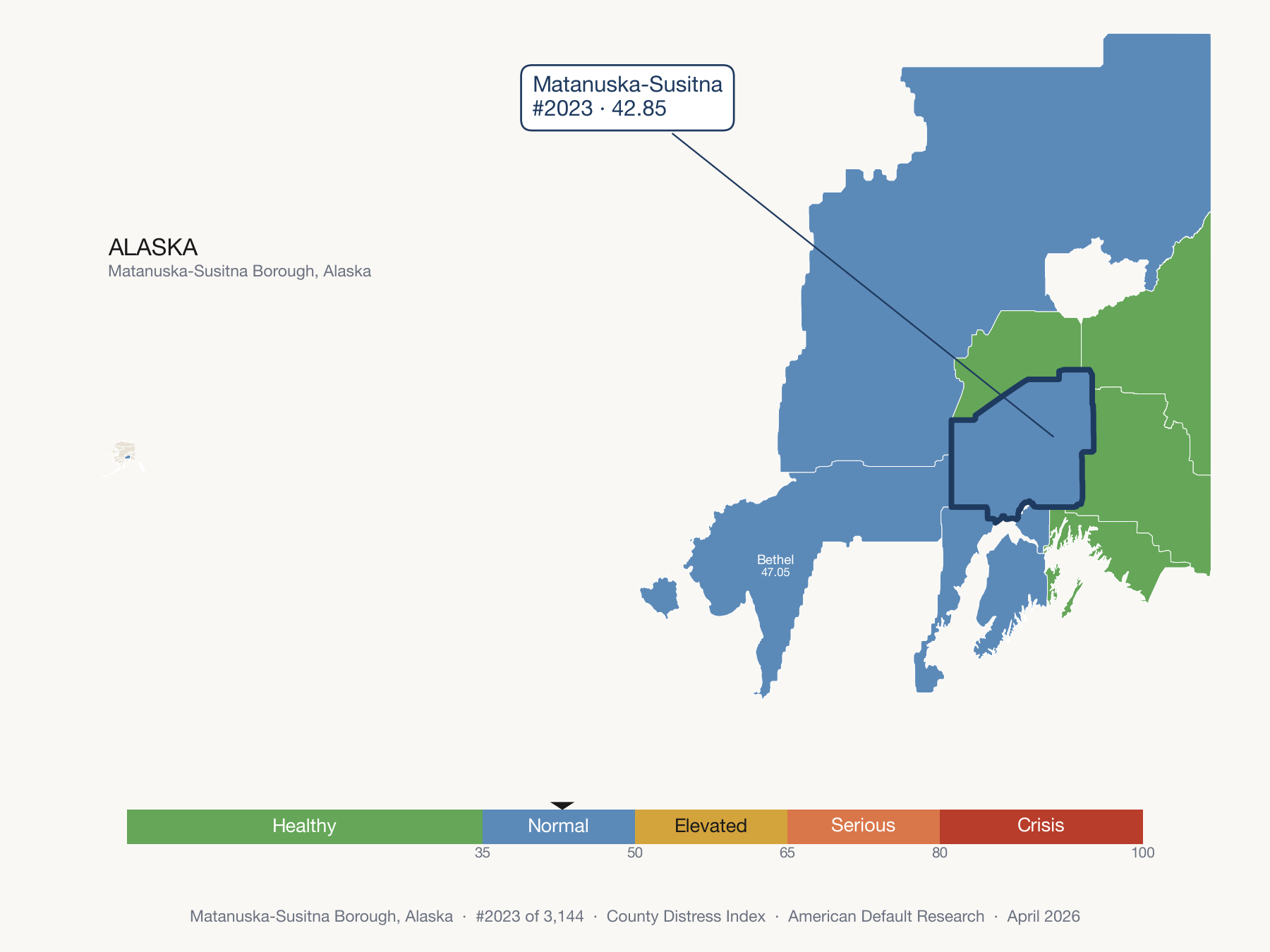 County Distress Index cluster map. Matanuska-Susitna Borough, Alaska and its neighbors colored by distress fifth.