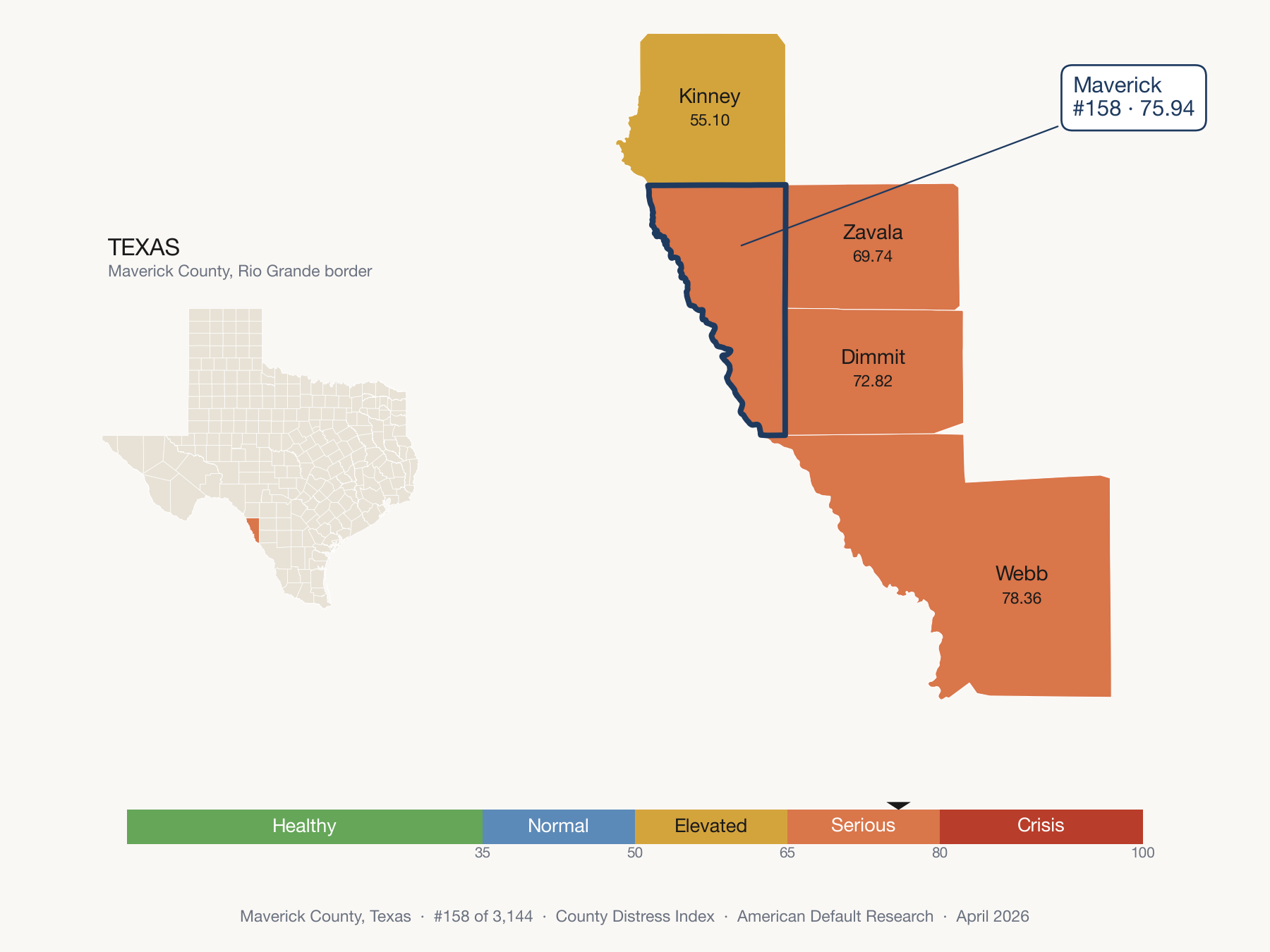 County Distress Index cluster map. Maverick County, Texas and its neighbors colored by distress fifth.
