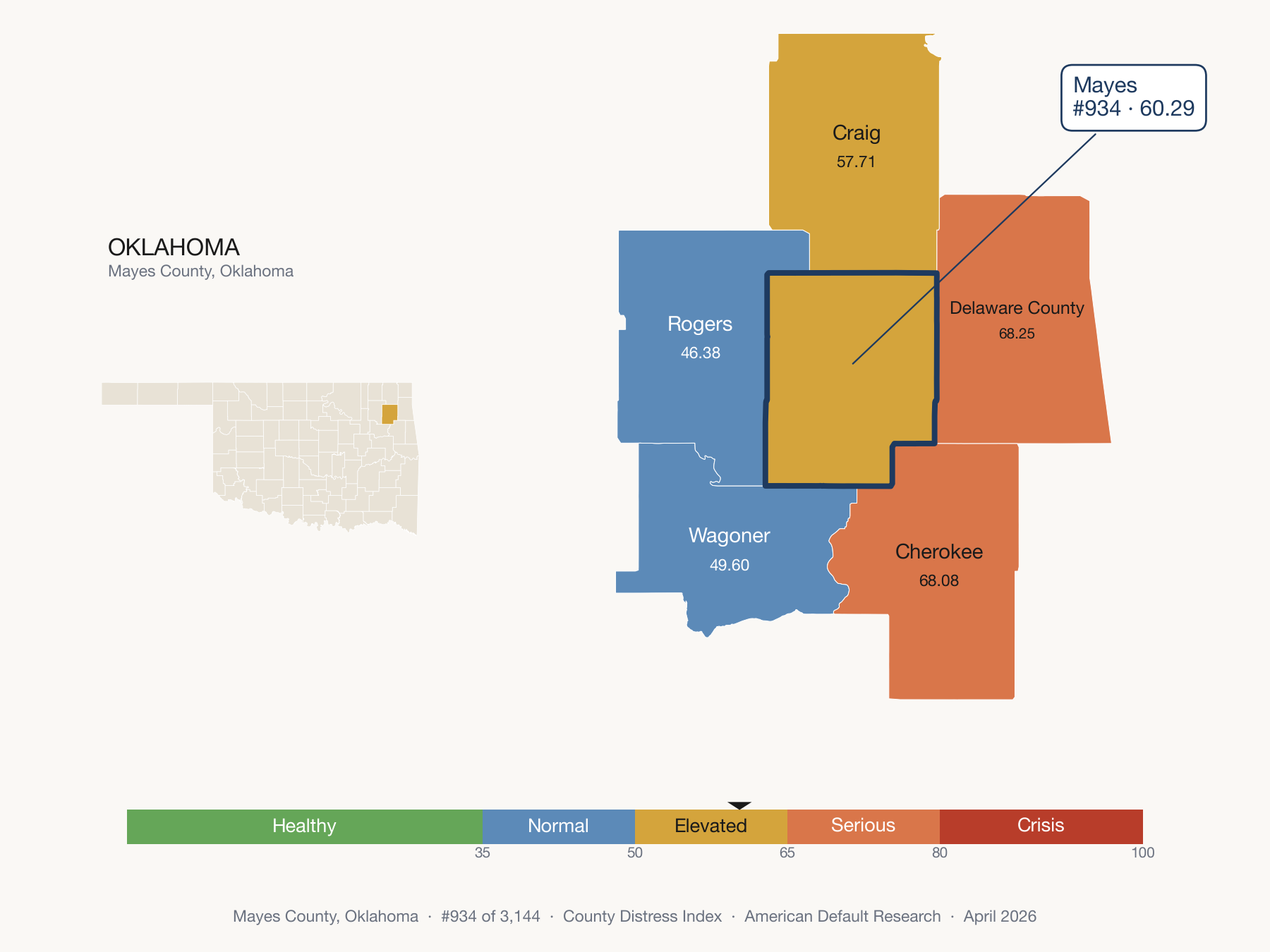 County Distress Index cluster map. Mayes County, Oklahoma and its neighbors colored by distress fifth.