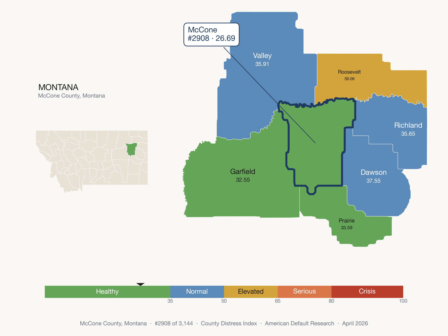 County Distress Index cluster map. McCone County, Montana and its neighbors colored by distress fifth.
