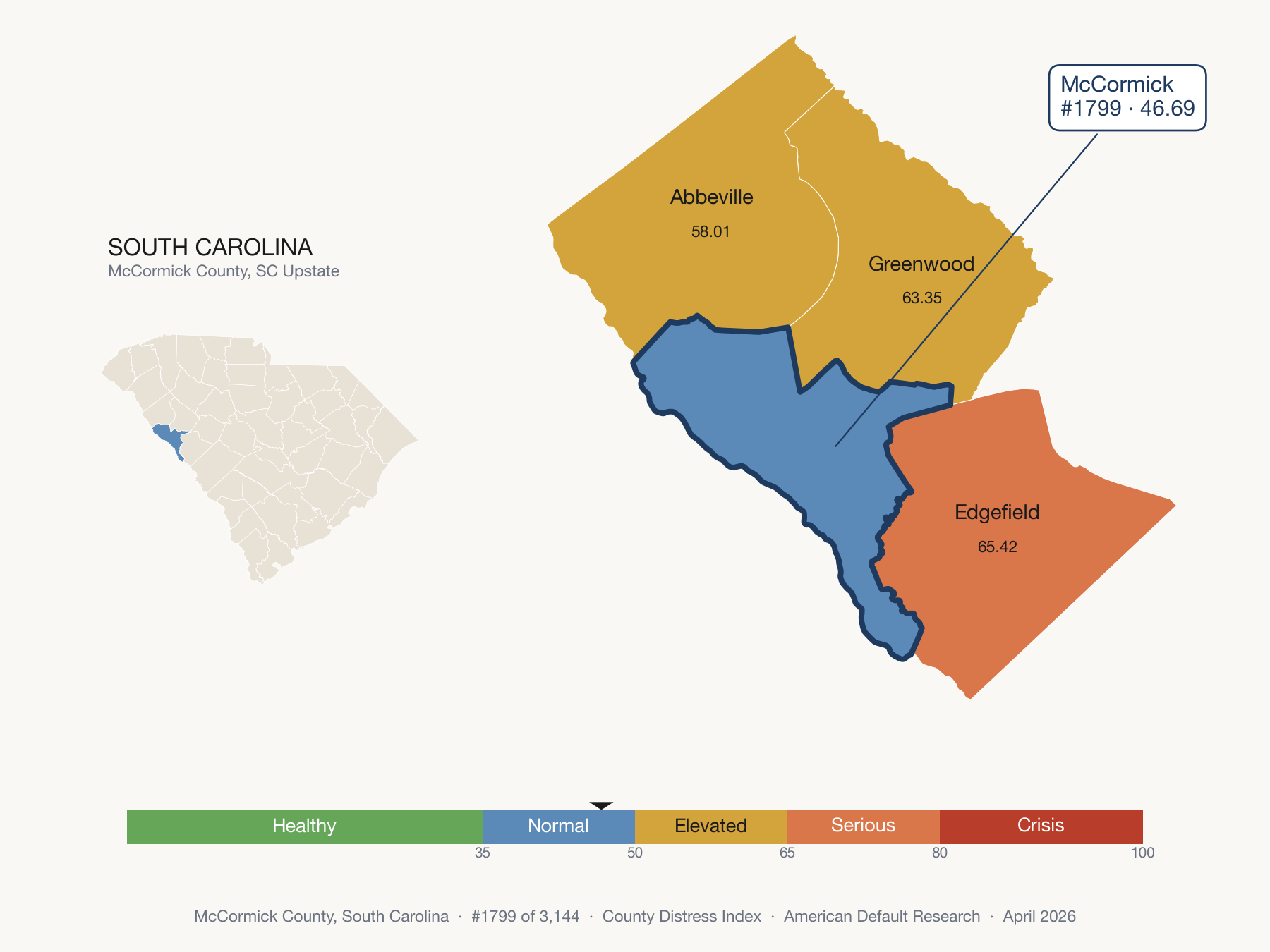 County Distress Index cluster map. McCormick County, South Carolina and its neighbors colored by distress fifth.