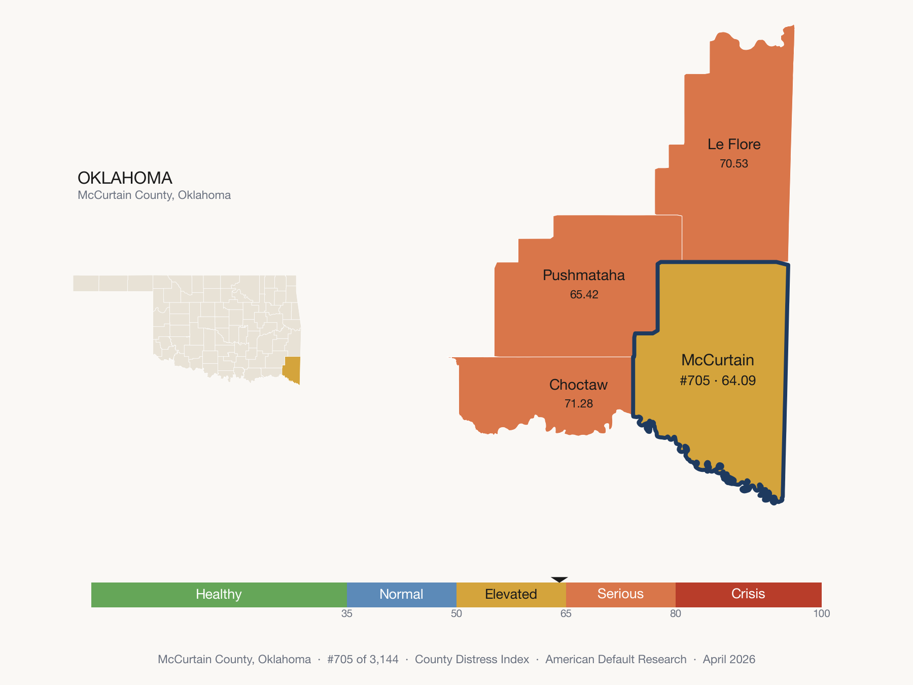 County Distress Index cluster map. McCurtain County, Oklahoma and its neighbors colored by distress fifth.