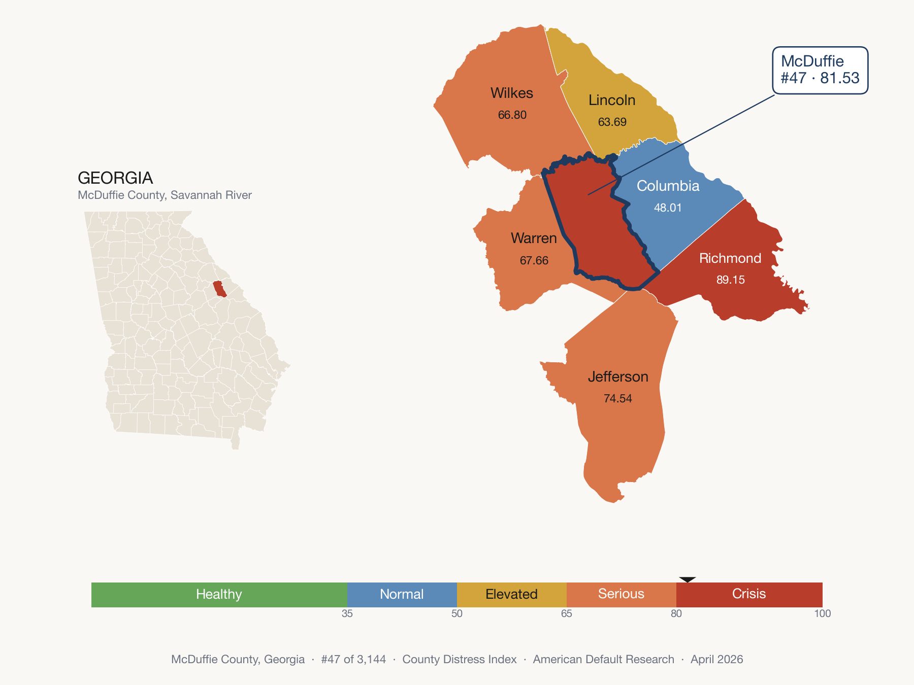 County Distress Index cluster map. McDuffie County, Georgia and its neighbors colored by distress fifth.