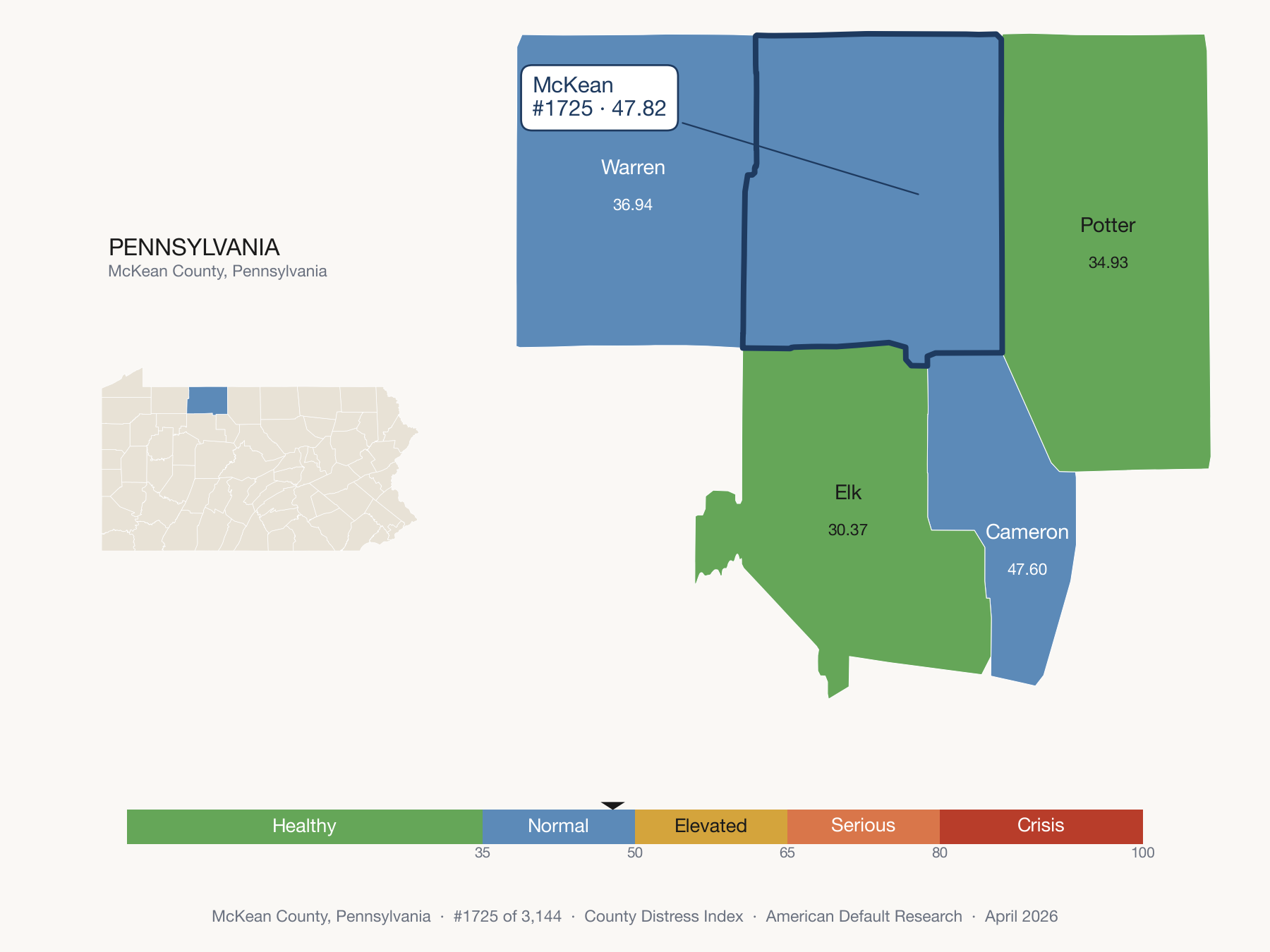 County Distress Index cluster map. McKean County, Pennsylvania and its neighbors colored by distress fifth.