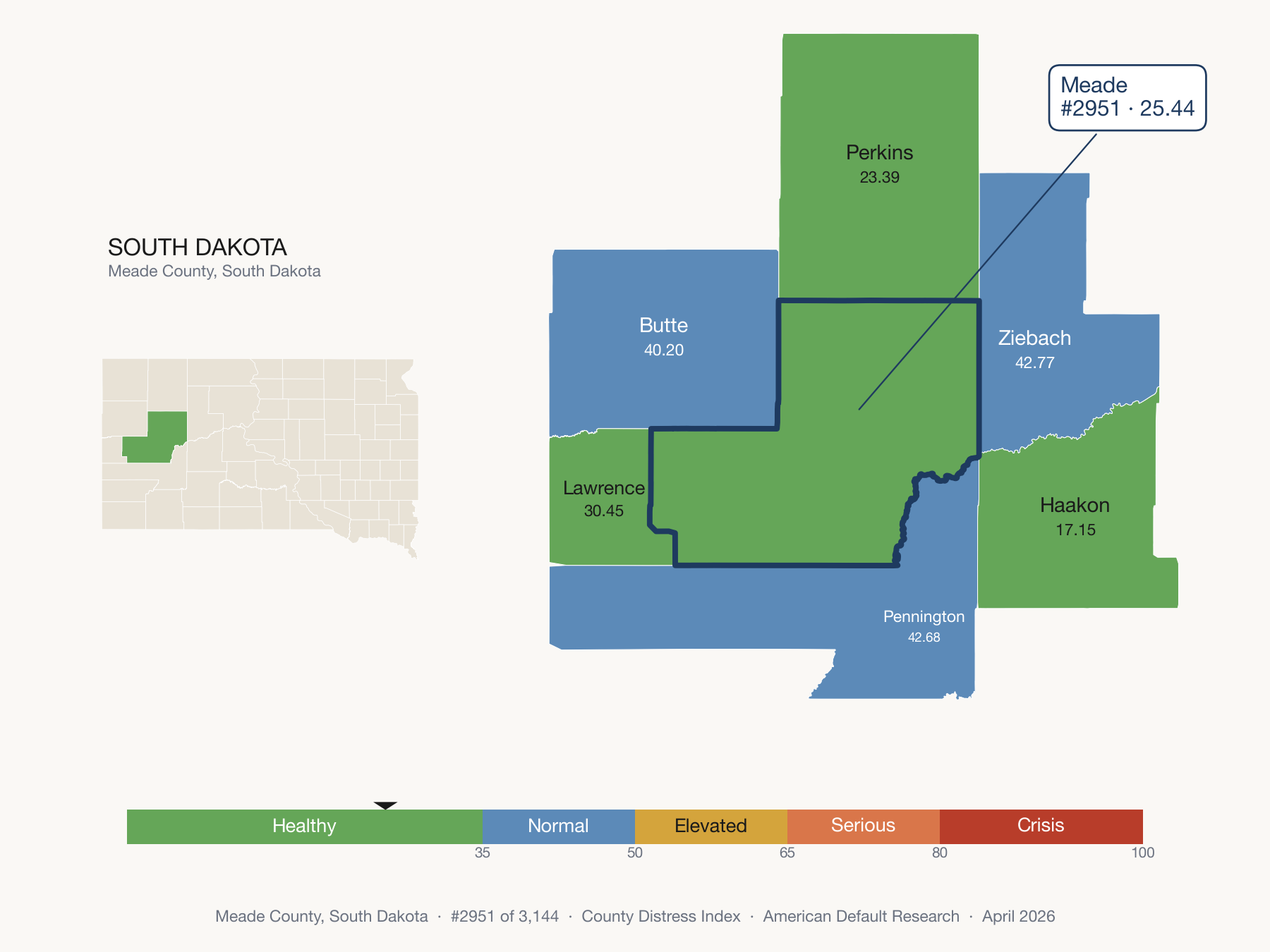 County Distress Index cluster map. Meade County, South Dakota and its neighbors colored by distress fifth.