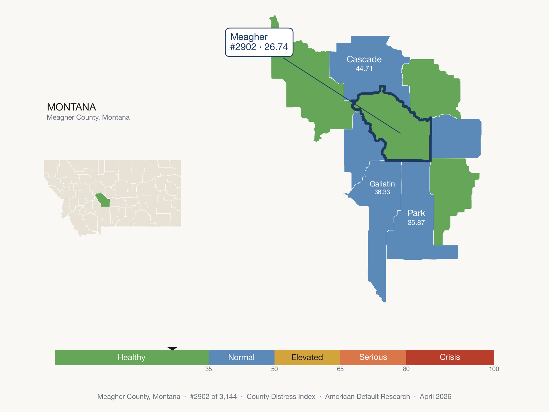County Distress Index cluster map. Meagher County, Montana and its neighbors colored by distress fifth.