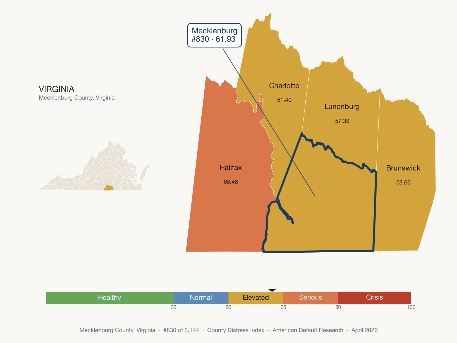 County Distress Index cluster map. Mecklenburg County, Virginia and its neighbors colored by distress fifth.