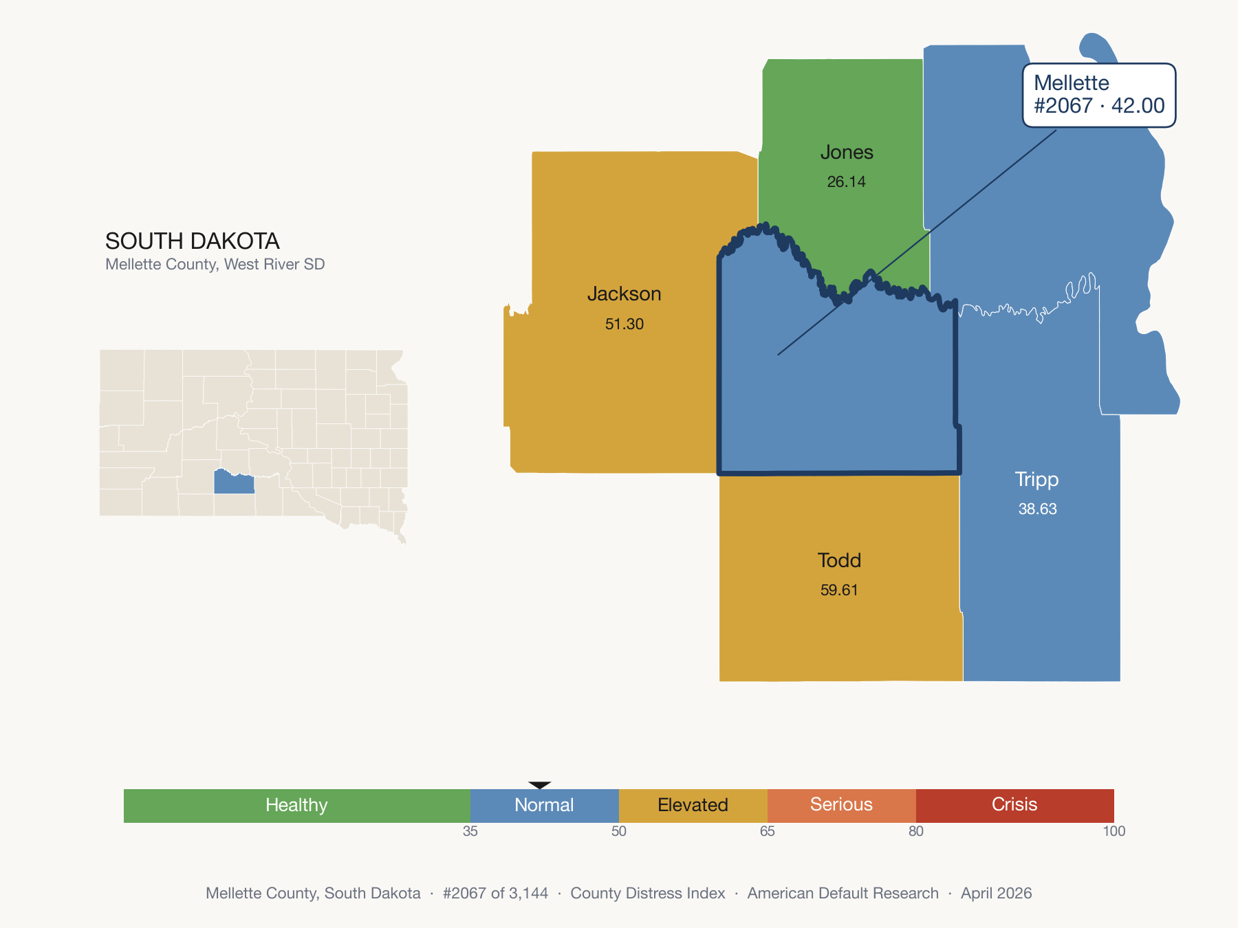 County Distress Index cluster map. Mellette County, South Dakota and its neighbors colored by distress fifth.