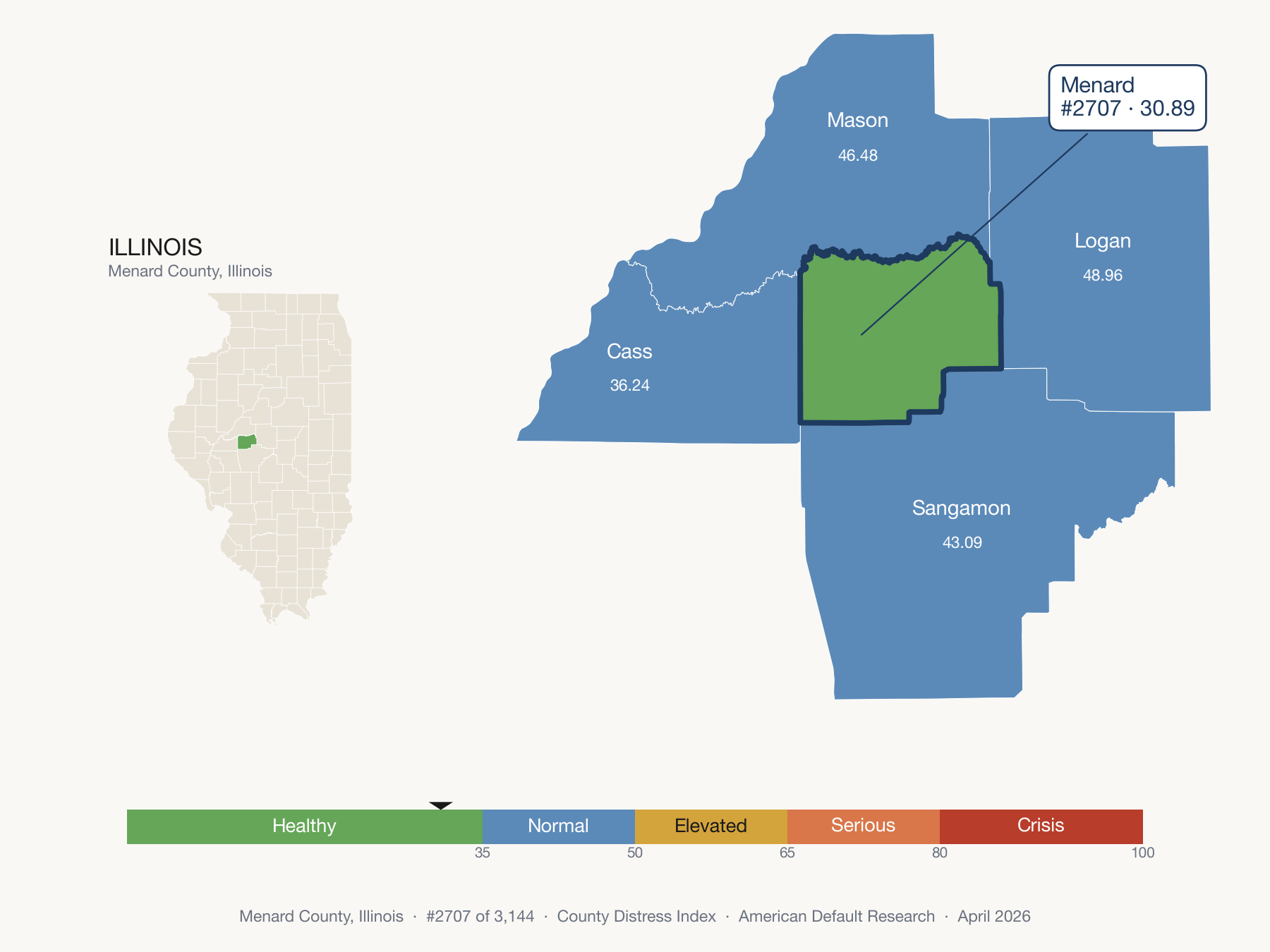 County Distress Index cluster map. Menard County, Illinois and its neighbors colored by distress fifth.