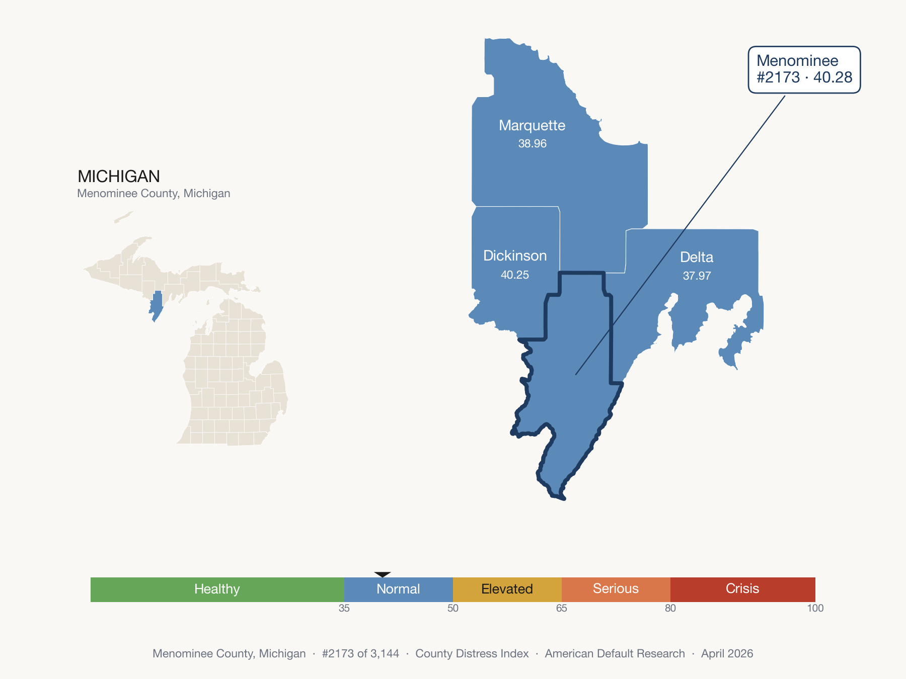County Distress Index cluster map. Menominee County, Michigan and its neighbors colored by distress fifth.