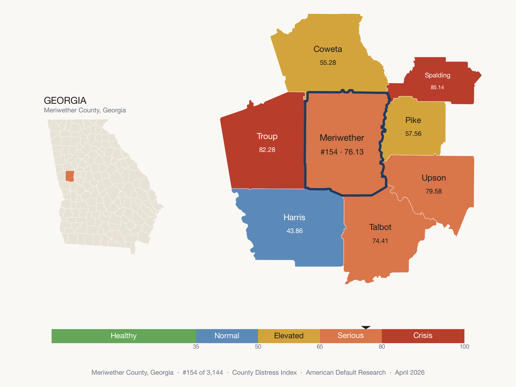 County Distress Index cluster map. Meriwether County, Georgia and its neighbors colored by distress fifth.