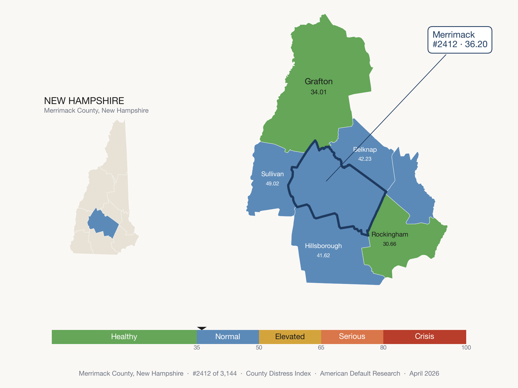 County Distress Index cluster map. Merrimack County, New Hampshire and its neighbors colored by distress fifth.