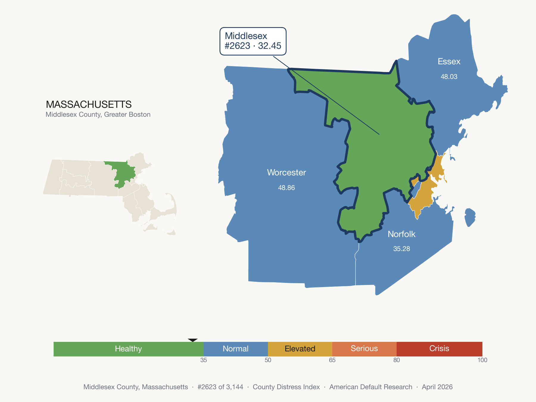 County Distress Index cluster map. Middlesex County, Massachusetts and its neighbors colored by distress fifth.