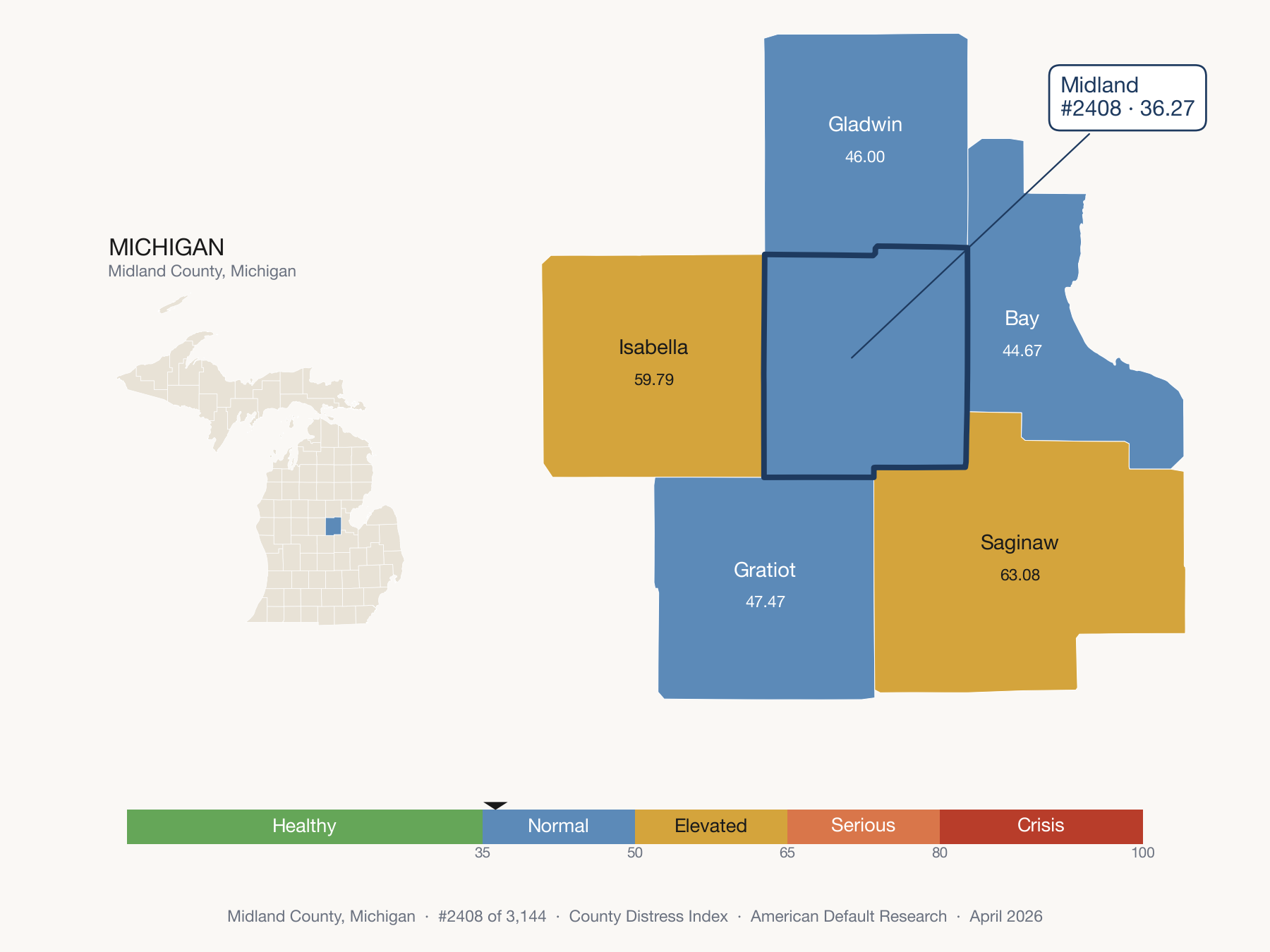 County Distress Index cluster map. Midland County, Michigan and its neighbors colored by distress fifth.
