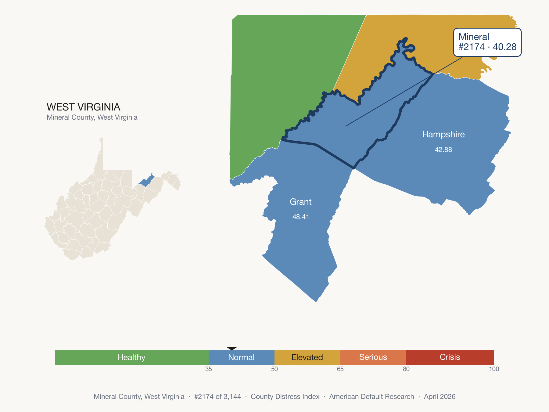 County Distress Index cluster map. Mineral County, West Virginia and its neighbors colored by distress fifth.