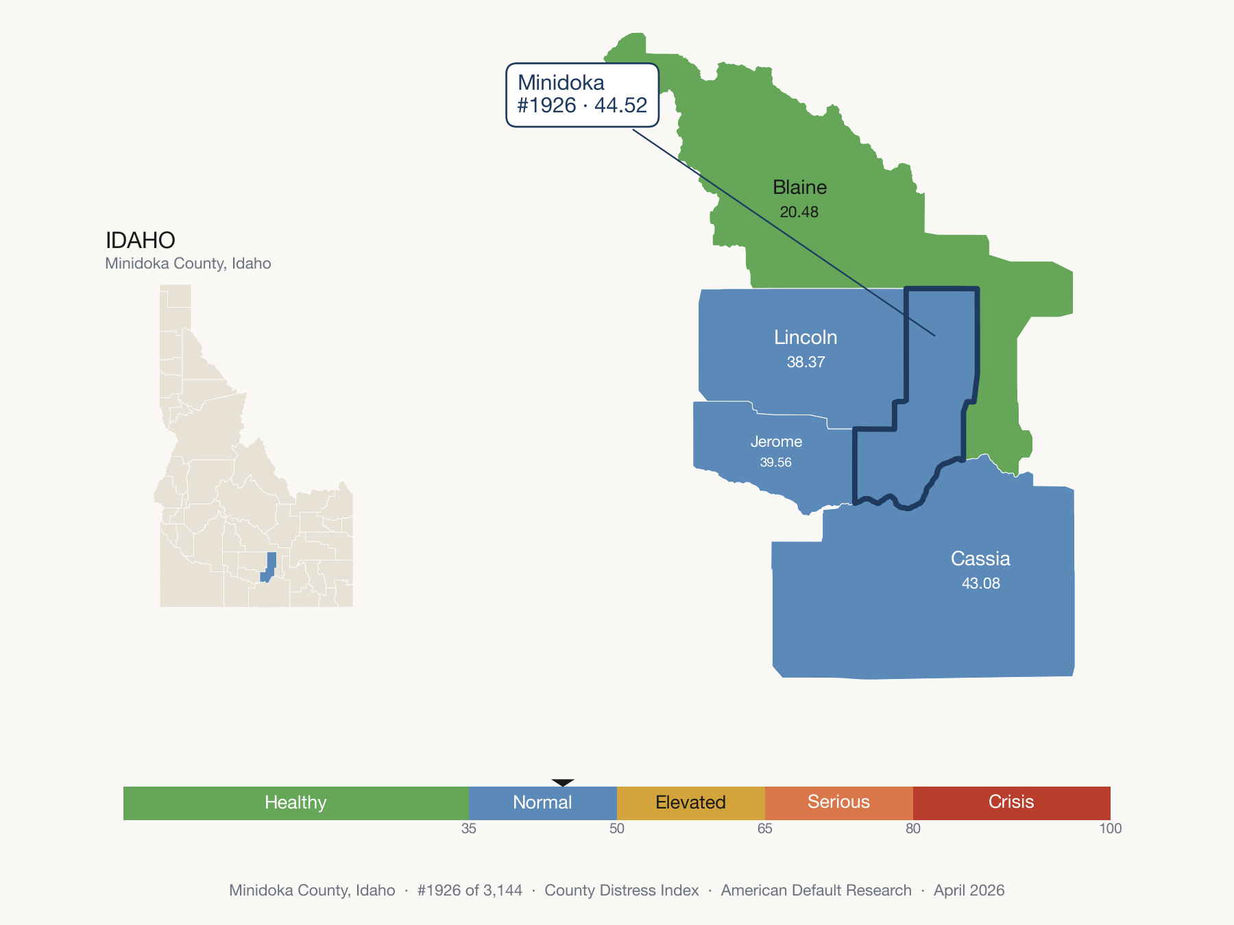 County Distress Index cluster map. Minidoka County, Idaho and its neighbors colored by distress fifth.