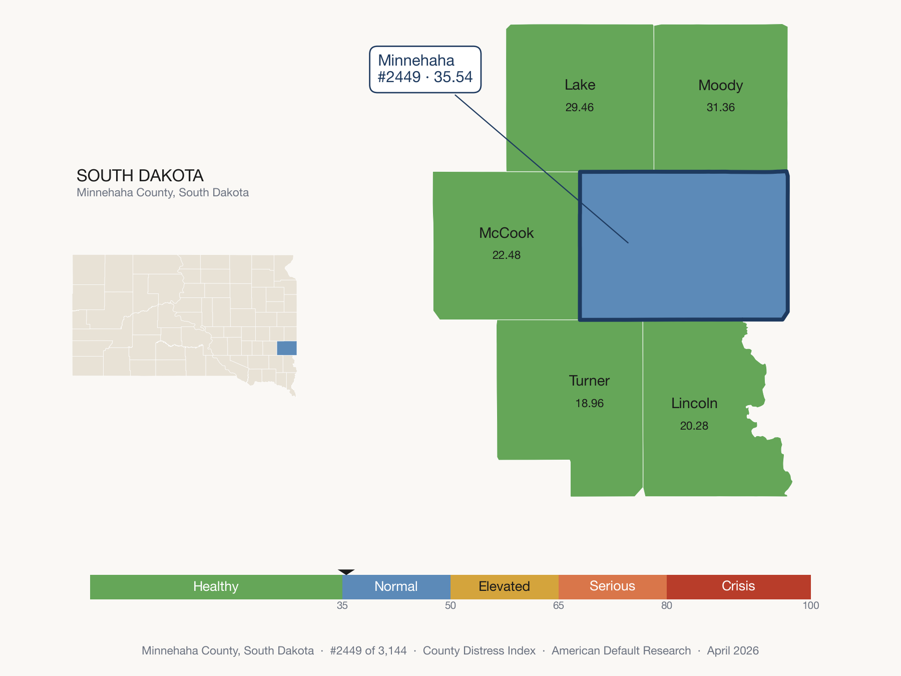 County Distress Index cluster map. Minnehaha County, South Dakota and its neighbors colored by distress fifth.