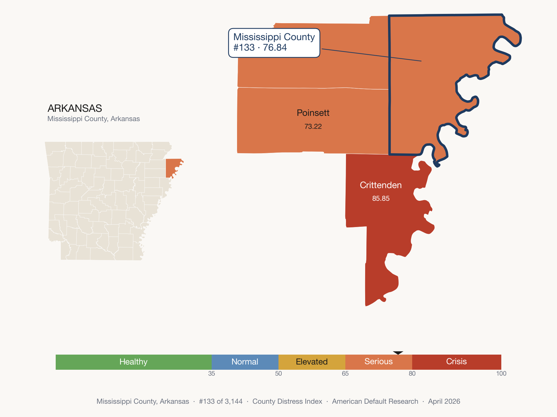County Distress Index cluster map. Mississippi County, Arkansas and its neighbors colored by distress fifth.