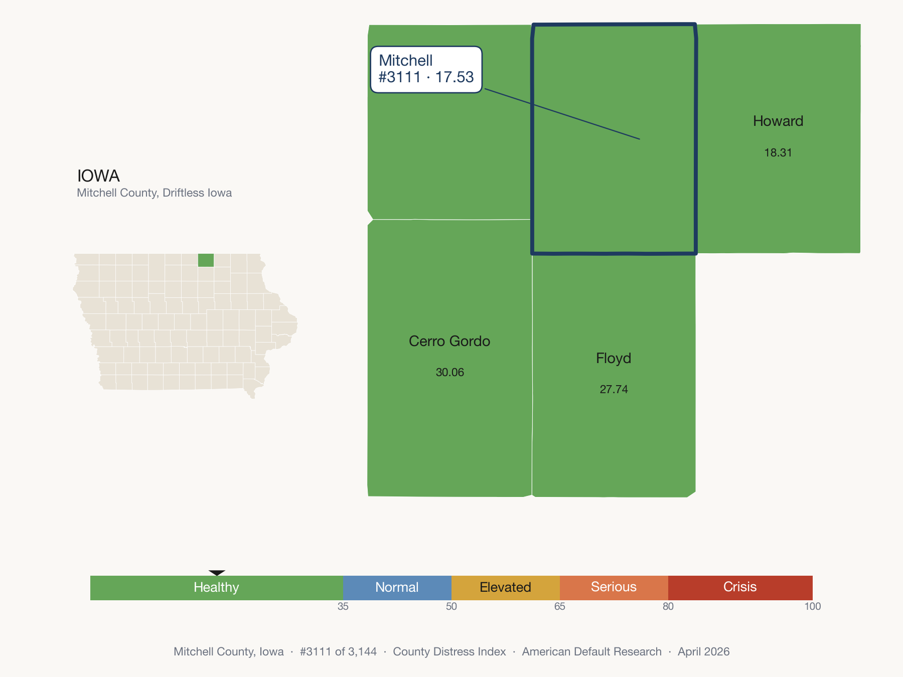 County Distress Index cluster map. Mitchell County, Iowa and its neighbors colored by distress fifth.